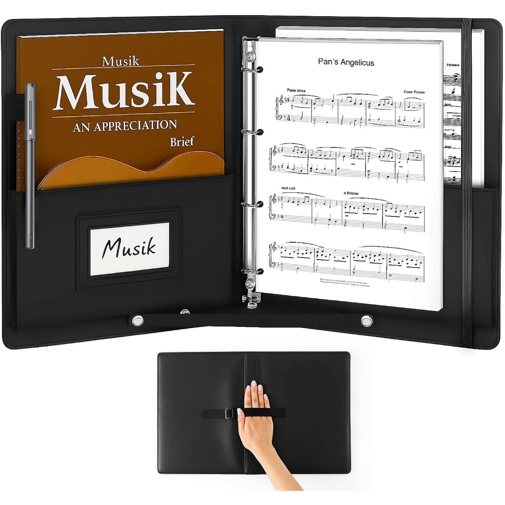 E-shop A4 Luxus PU Schwarz Chormappe Notenmappe für Musiknoten 100 Seiten Fassungsvermögen mit 4 verstärkten Ringen Luxus PU Schwarz Chormappe für