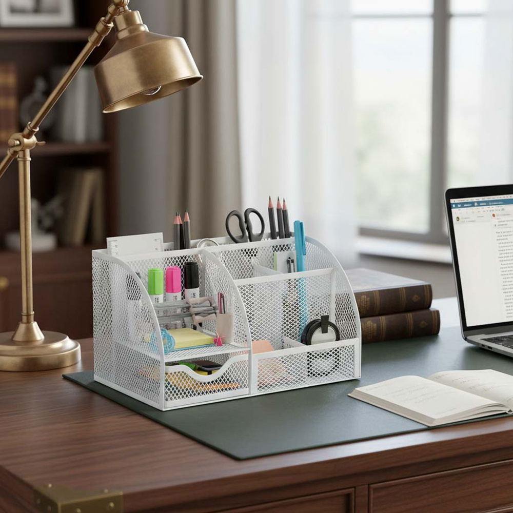 TEMU Multi-functional Mesh Office Desk Organiser Stationery Storage Desk Organiser Featuring 6 Compartments And 1 Drawer, Ideal For Home Office Use