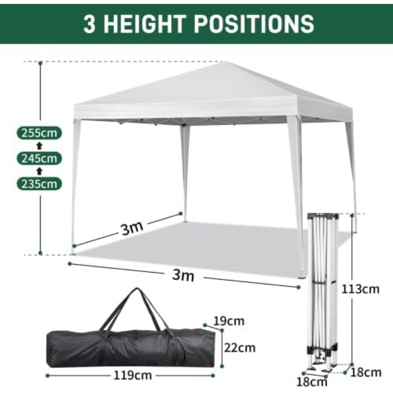   tonnelle de jardin pliante 3x3 /tente de réception  -up   sac de transport/auvent,  pliant exterieur pour camping et événements (blanc)