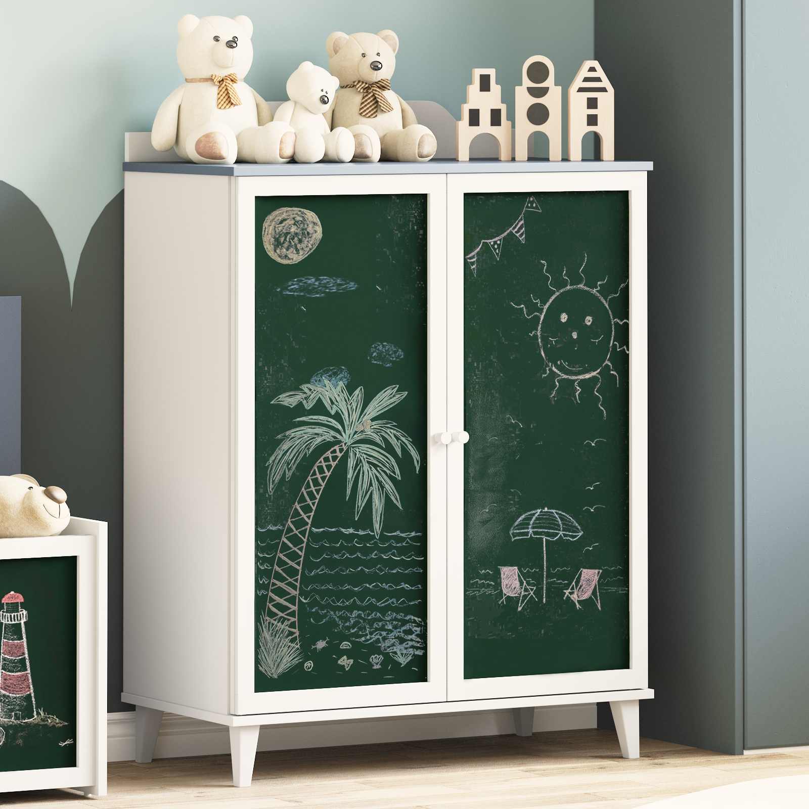 Image of Creative Storage For Kids Grey And White, Children's Room, Rectangular Dresser With Chalkboard Storage, Modern, Functional Furniture, Spacious Indoor Organization
