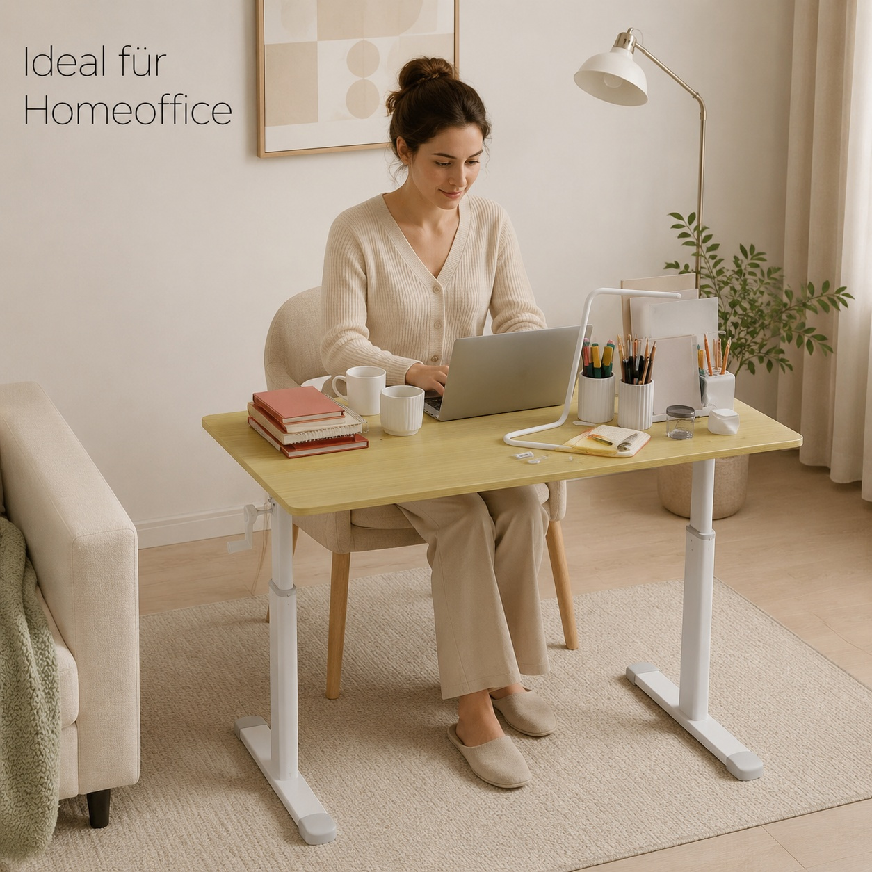 Height-adjustable Desk Crank 100x60cm, Wood Grain, Stable For Home Office And Learning