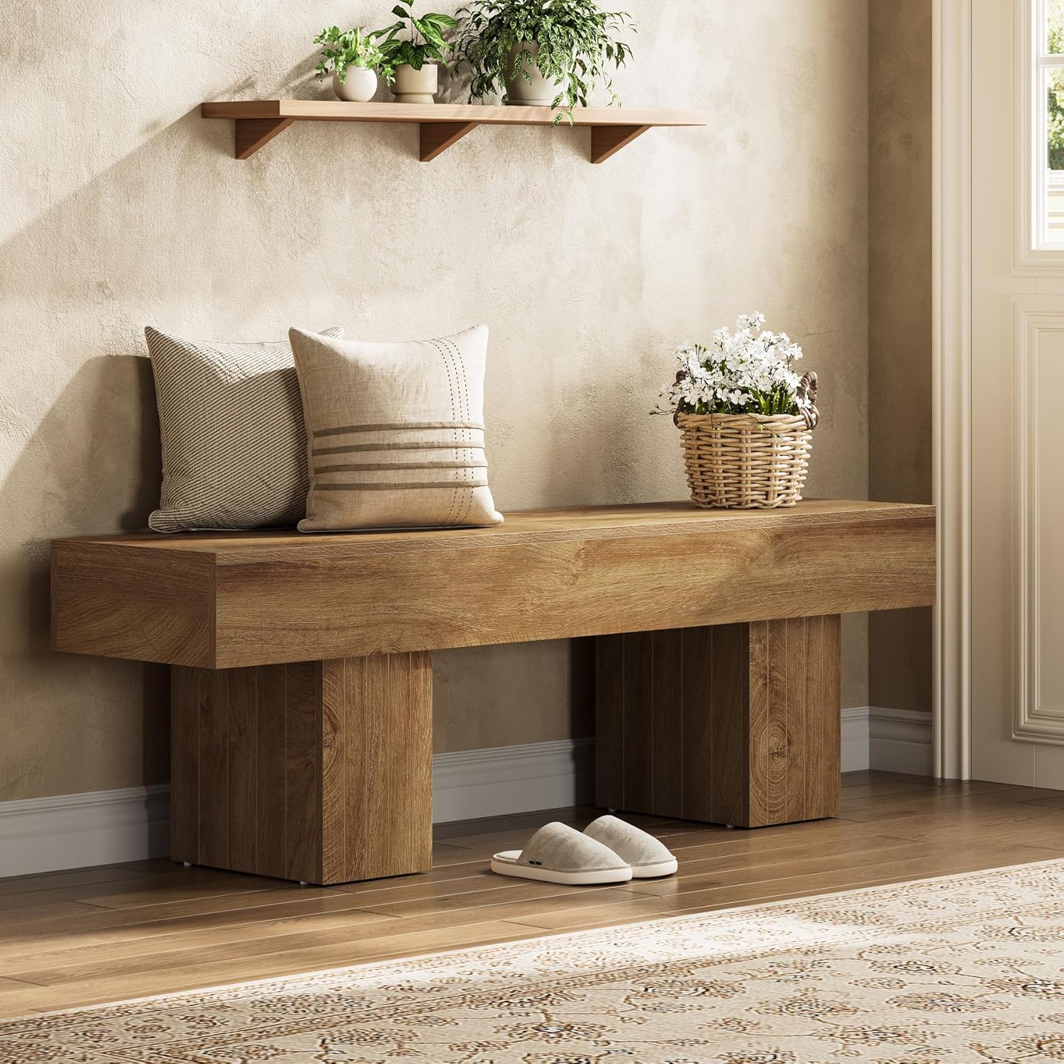 Image of Vintage 140 Cm Dining Bench, Farmhouse Wooden Entryway Bench, End Of Bed Bench, Indoor Bench For Bedroom, Dining Room, Kitchen, Hallway, Light Brown