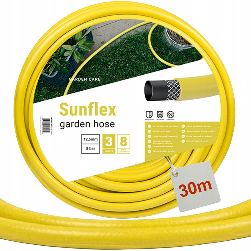 TEMU Tubo da giardino Sunflex 1/2" 30 m, rinforzato a tre per innaffiare piante e lavori di pulizia, struttura flessibile con di per resistenza a