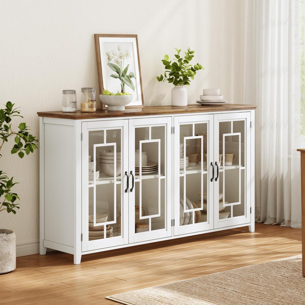 Image of Sideboard With Glass Doors & Wood Veneer – 160x40x86 Cm, Retro Style, 2 Storage Compartments, Tilt Protection