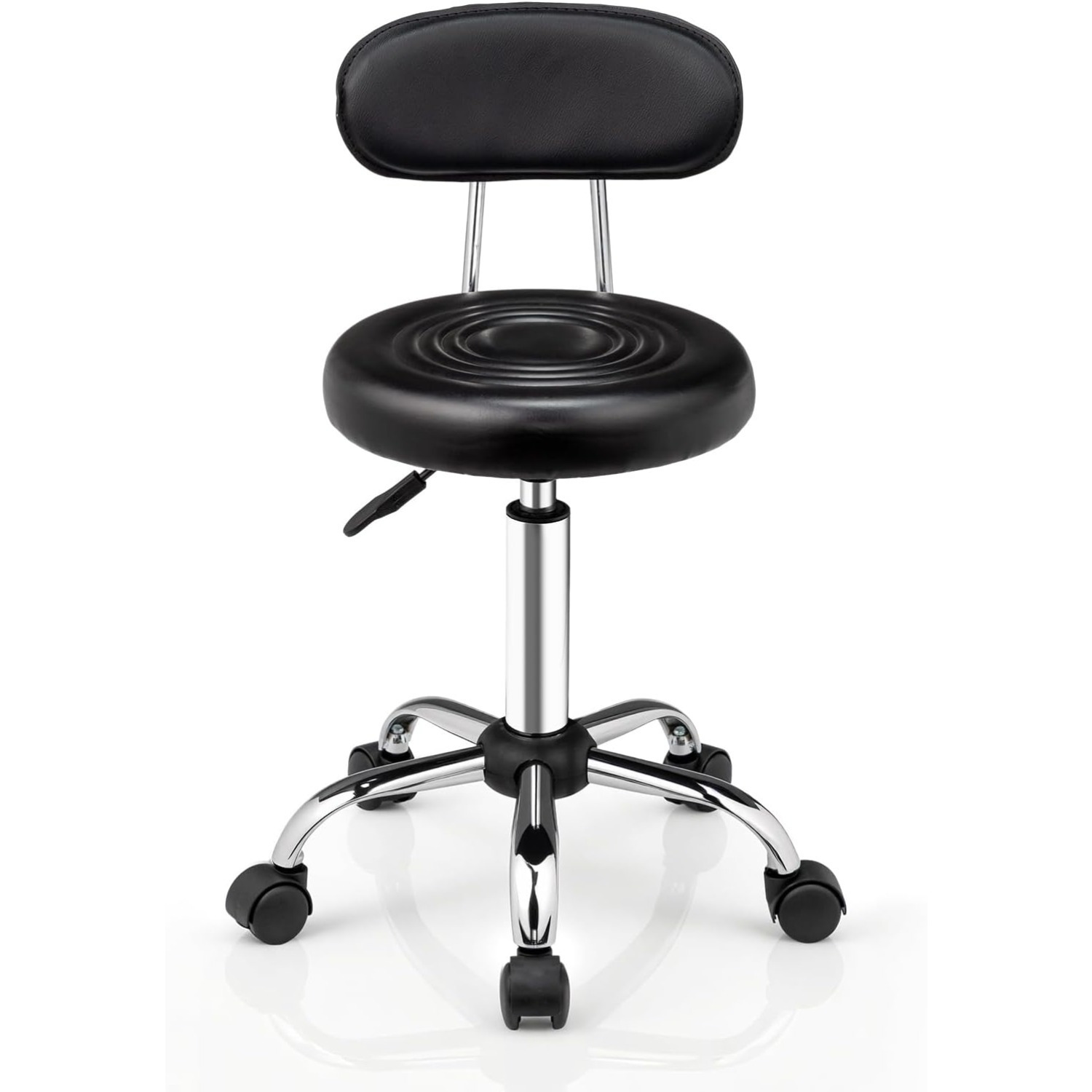 Image of Height-adjustable Rolling Stool 47-61.5 Cm, Removable Backrest, 360° Wheels, Pu Leather, Black, For Salon, Tattoo, Office, Home, Workshop