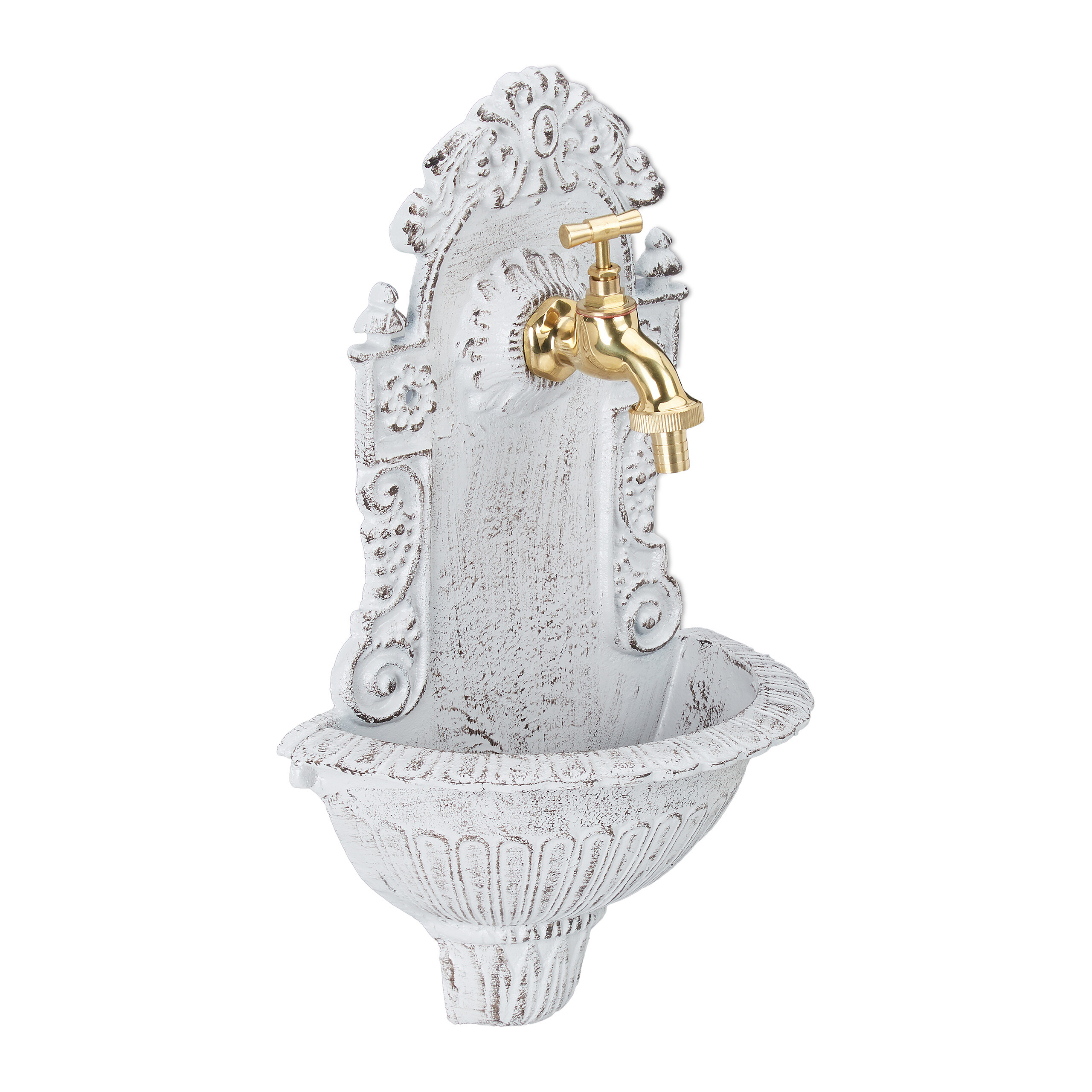 TEMU Fuente de pared , blanca, 40 x 24.5 x 13 cm, aluminio fundido con recubrimiento en polvo, con grifo y conexión de 3/4 pulgadas, para jardín, y