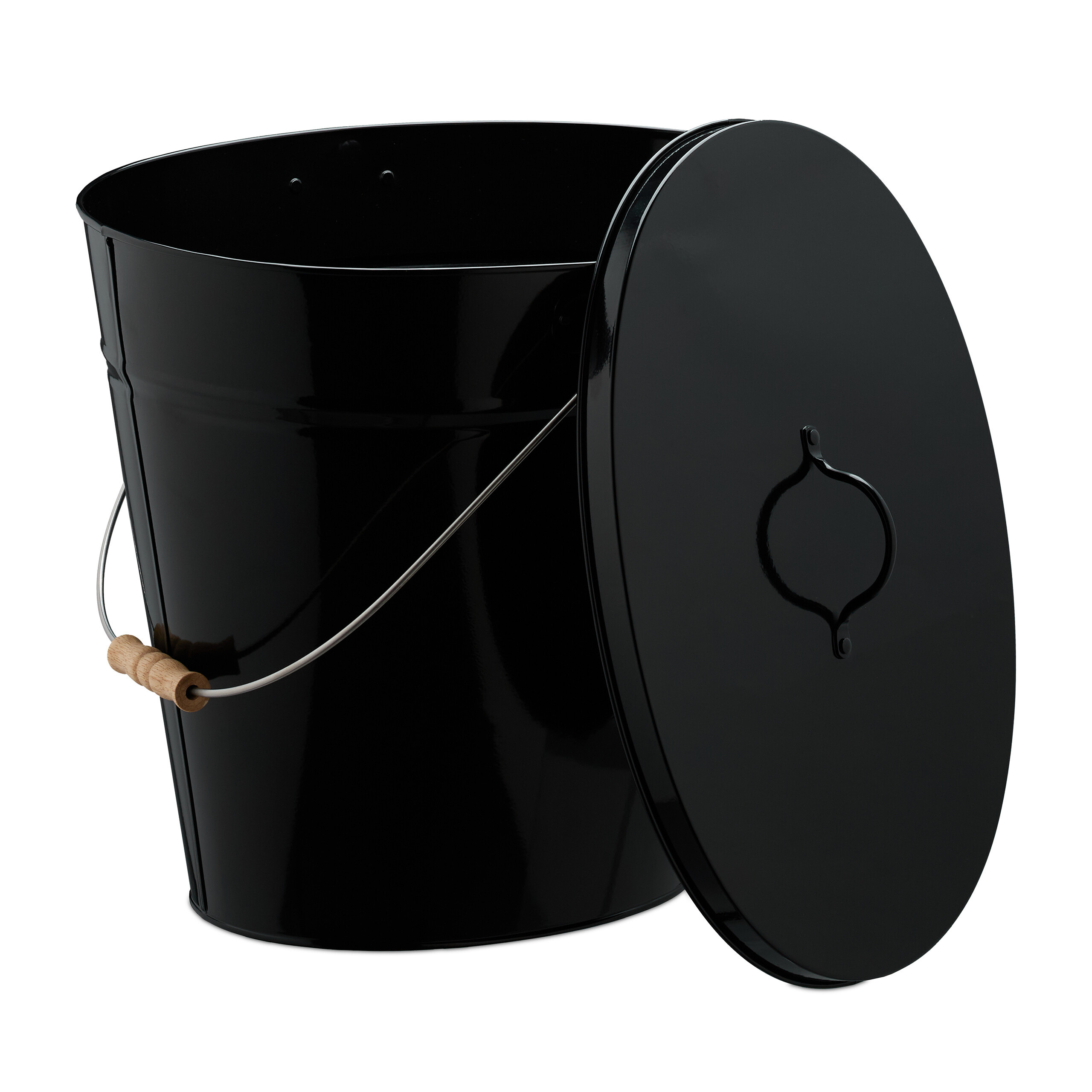 TEMU Ash Bucket With Lid, L, 39 X 40.5 X 29 Cm, Galvanized Steel With Wooden Handle, Black, For Cooled Ash, Coal, Pellets And Firewood, Fireplace