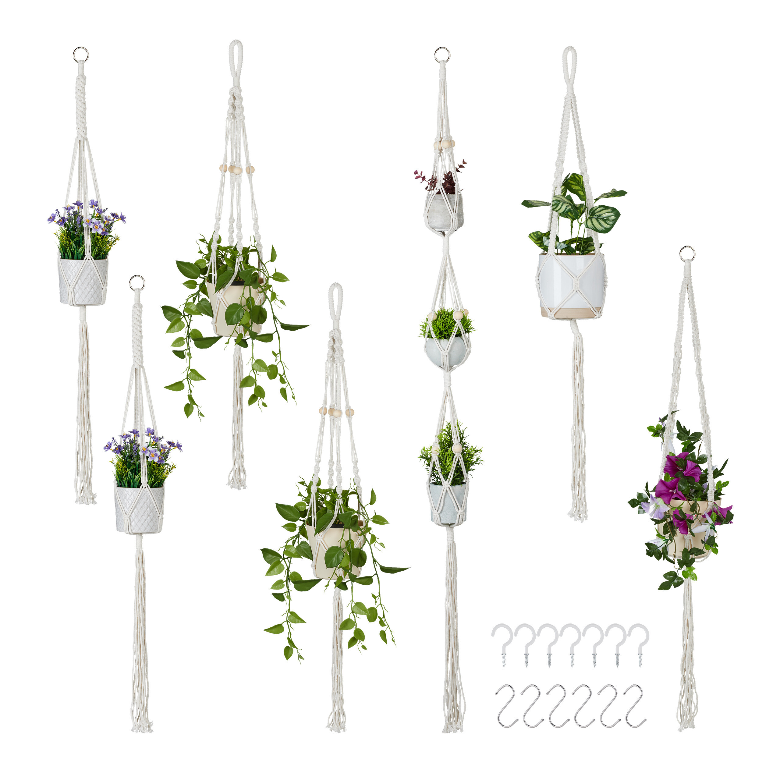 7-tlg. Makramee-blumenampel Set In Creme
