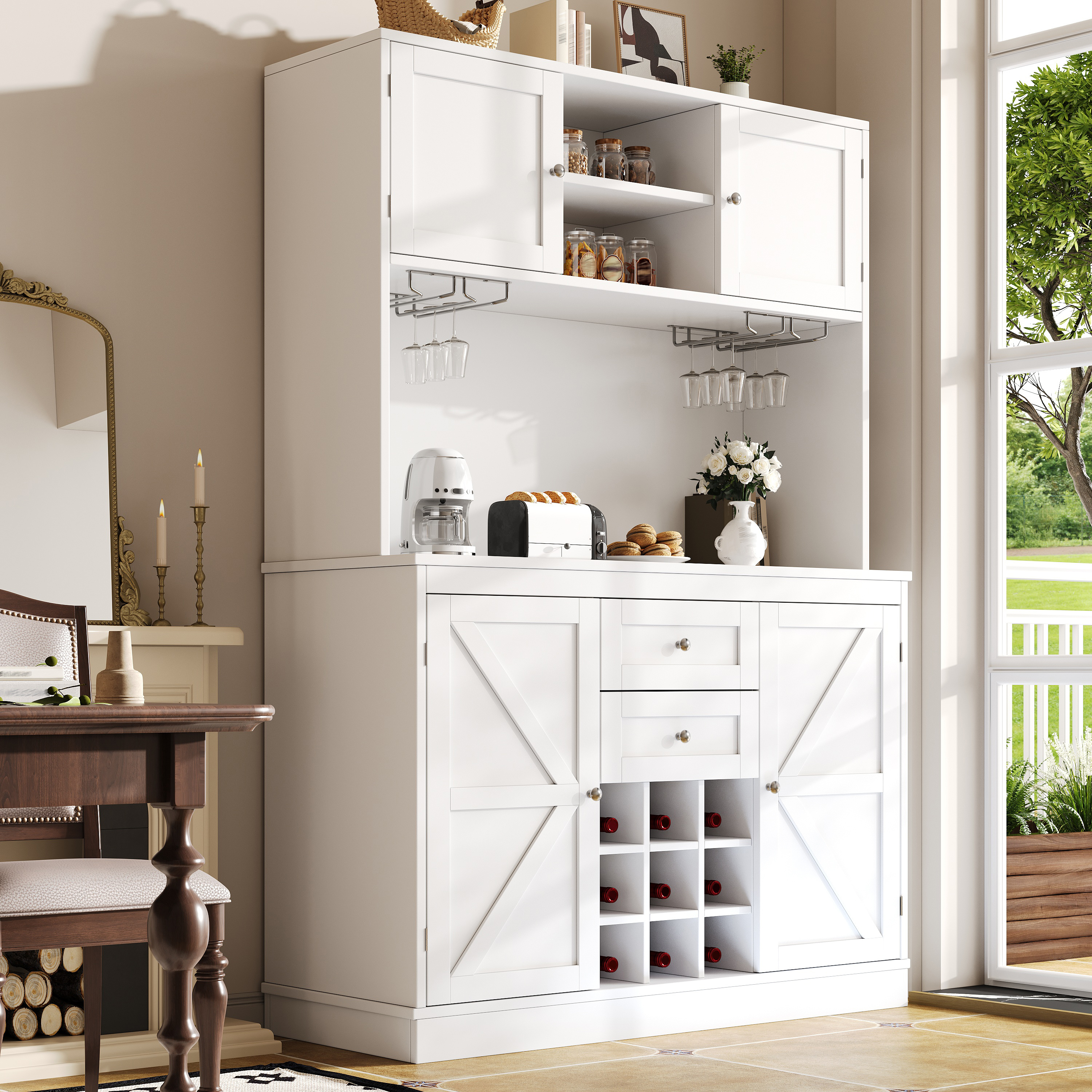 Image of Kitchen Cabinet With Adjustable Shelves & Wine Rack, Tall Cabinet Kitchen Buffet With & 2 Drawers, Sideboard For Kitchen & Living Room, Buffet Cabinet, White