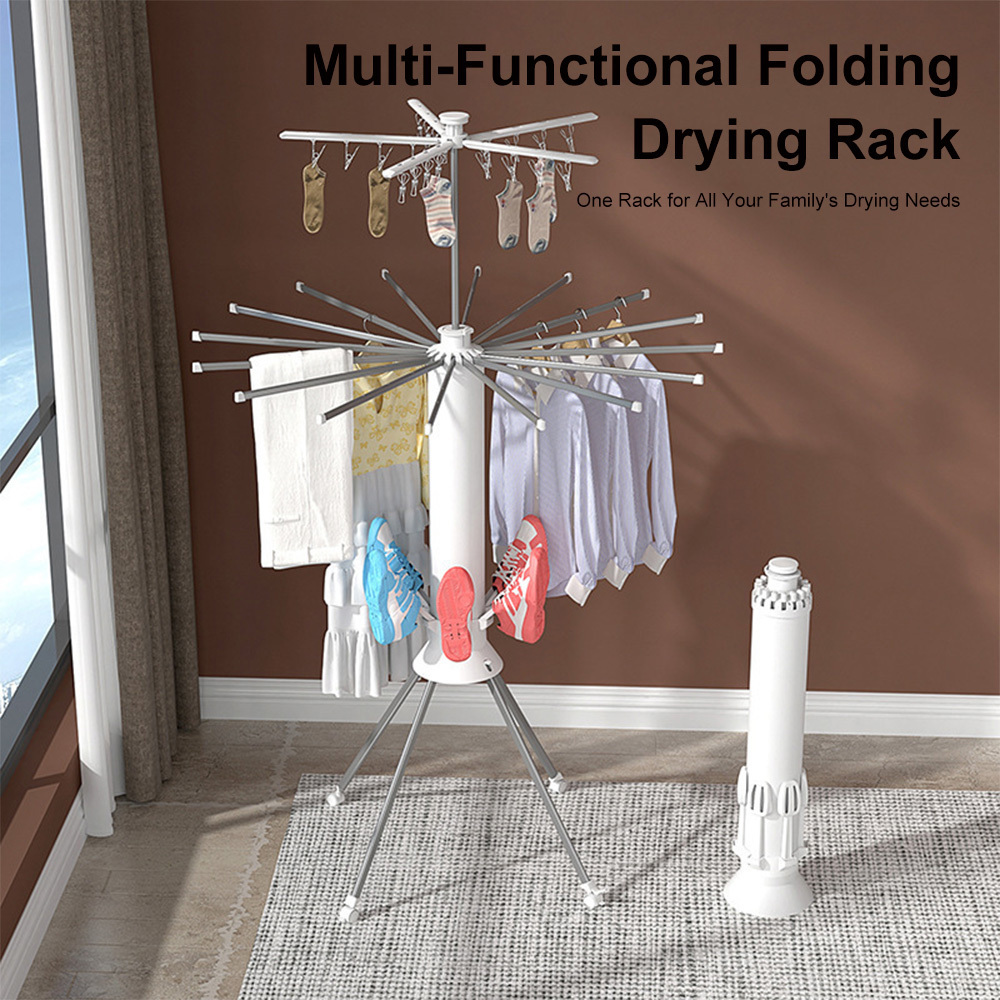 360° Octopus Style Foldable Laundry Drying Stand, 16 Hanging Poles Clothes Shoe Dryer With Casters And Anti-slip Design, Portable Indoor Balcony Outdoor Garment Rack