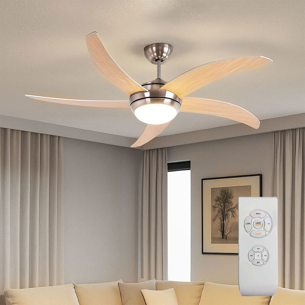 Ceiling Fan With Lighting, Ceiling Fan For Pitch Roofs, Reversible In Brown With Remote Control And Settings, 2x E27, Dxh 132 X 41 Cm