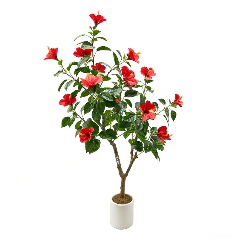 Image of Artificial Hibiscuses Tree 4ft, Tall Faux Plant Indoor With Realistic Leaves Red Flowers Large Trunk, Potted Faux Plant Indoor Realistic Plants For Front Porch Outdoor Home Patio Office Porch Decor