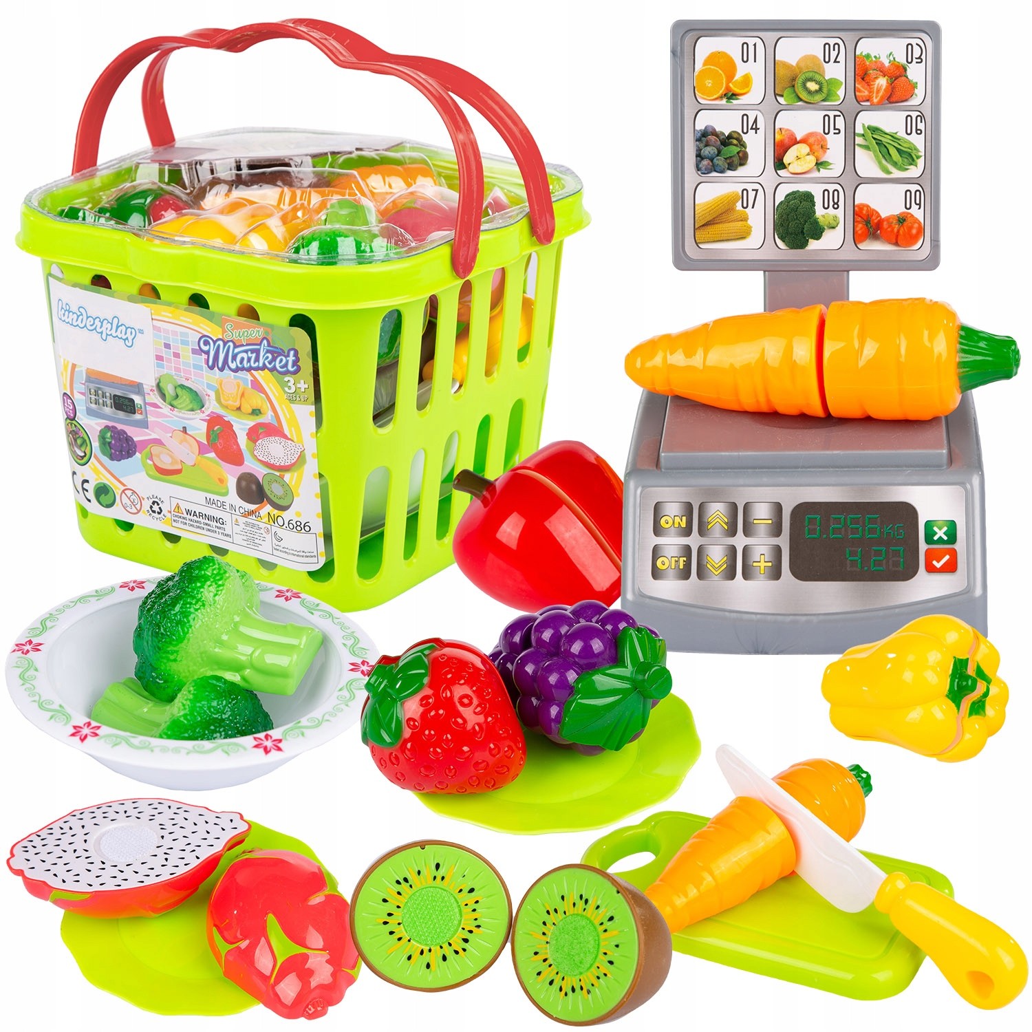 Image of Shopping Basket Playset For Kids With Plastic Fruits And Vegetables, 15-piece, With Scale And Accessories