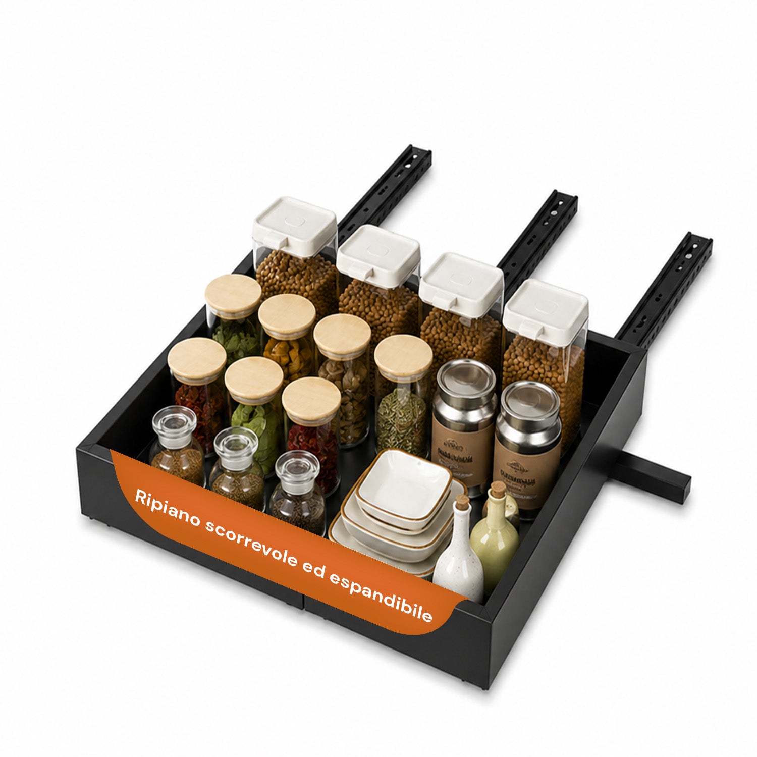 Extractable And Expandable Black 32/52 Cm Metal Drawer - Sliding Organizer For Furniture And Pantry