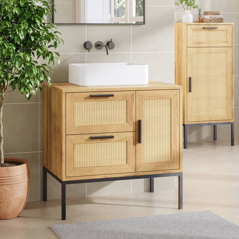 Image of Marhasa Washbasin Cabinet With Drawer And 2 Doors, Rattan Optic, 60 X 60 X 40 Cm, Oak Optic / Black