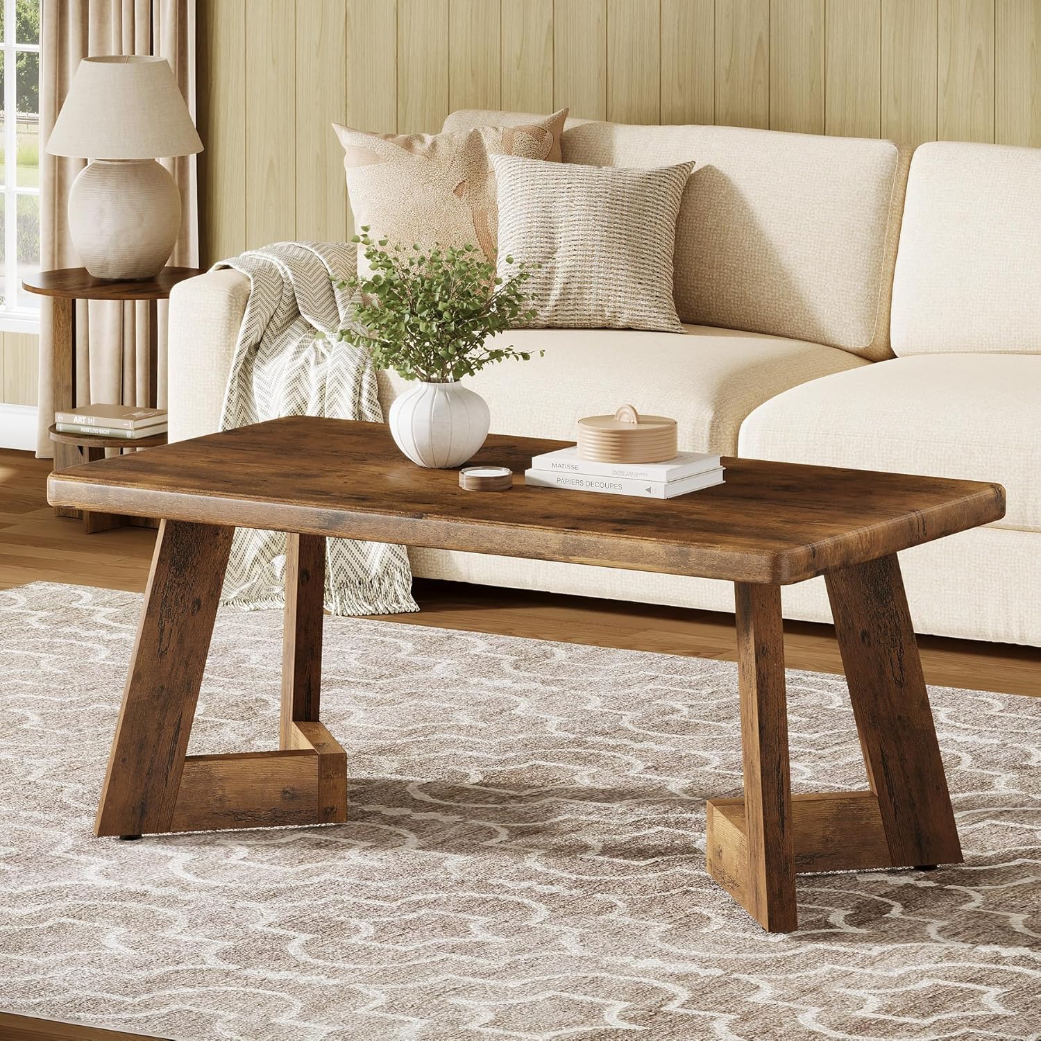 Image of Vintage 120 Table, Farmhouse Rectangular Living Room Table, Country House Wood Center Table With V-shaped Legs For Home Bedroom, Easy To Assemble, Rustic Brown