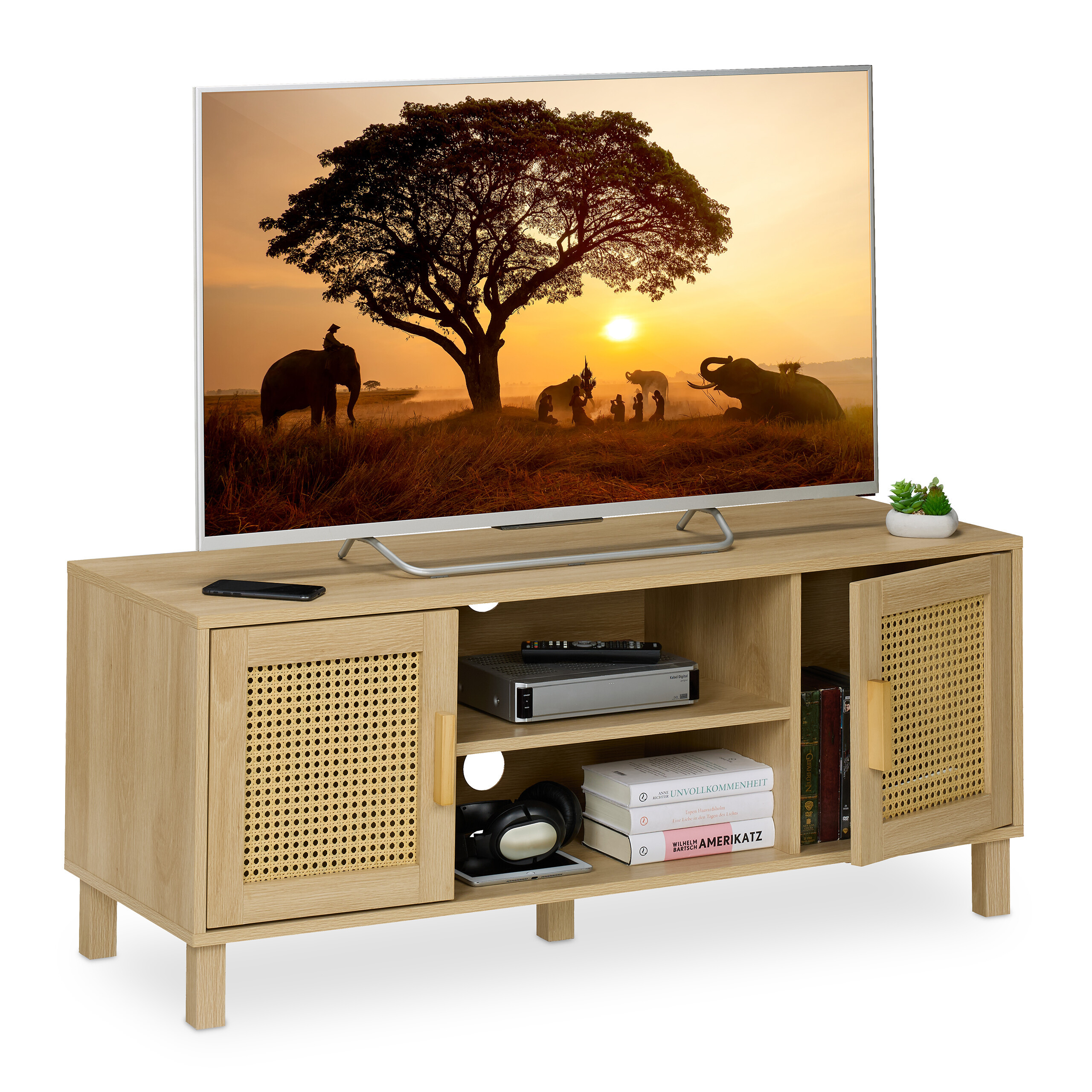 TEMU Meuble TV effet rotin, 2 niches ouvertes et 2 compartiments fermés, 48 x 115 x 40 cm, MDF, panneaux de et plastique, naturel, passe-câbles, pour