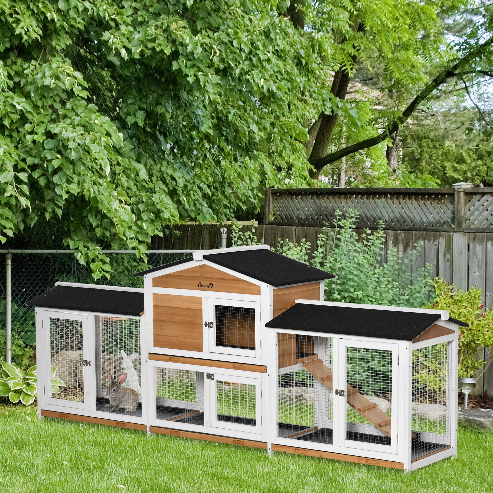 Image of Rabbit Hutch 2 Floors Wooden Rabbit Hutch 230 X 53 X 93.5 Cm Rabbit Cage With Ramp, Outdoor Run, Multiple Pull-out Floor Trays, Bitumen Roof, Door, Outdoor Rabbit Hutch White.