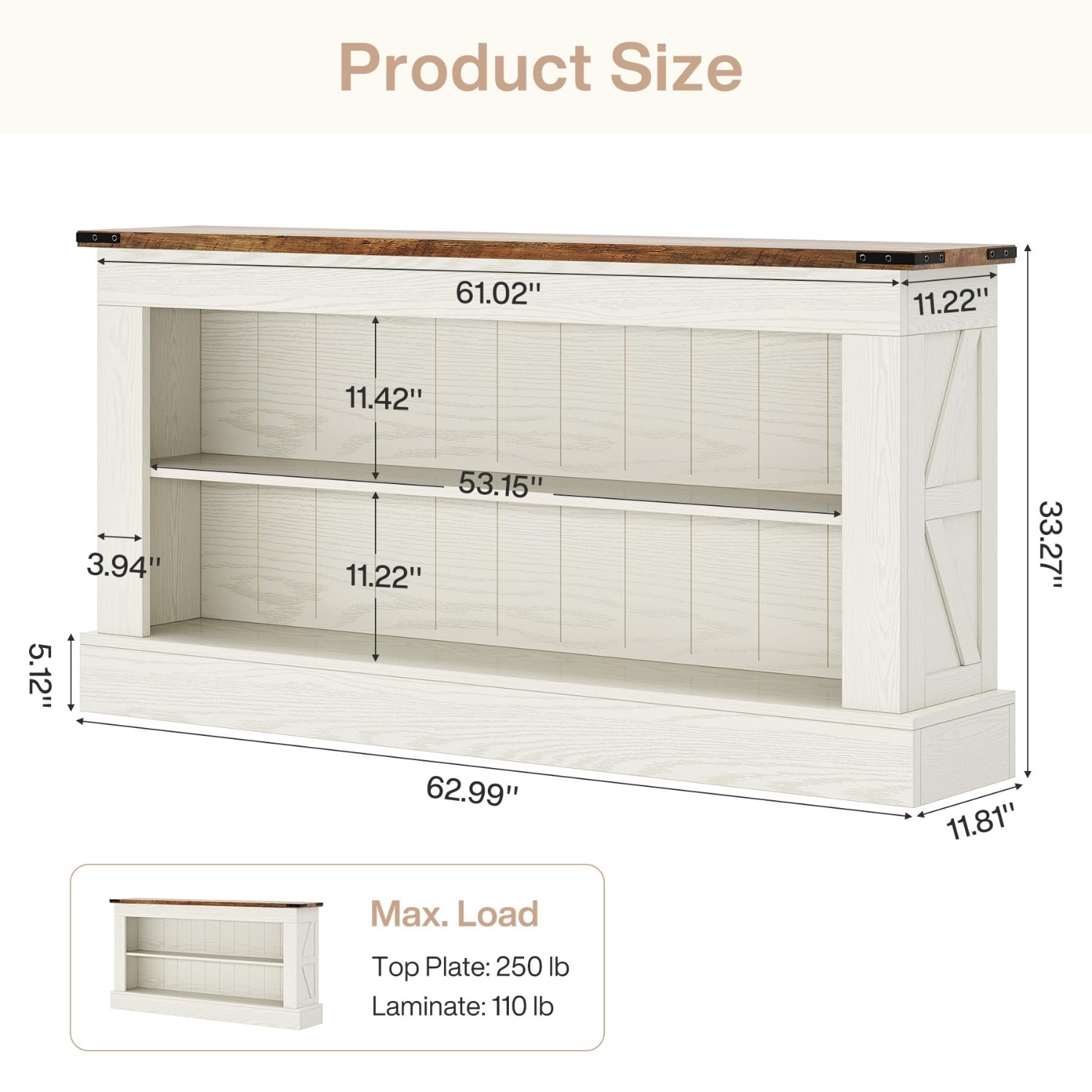 63" Console Table, 3-Tier Entryway Table with Storage Shelves