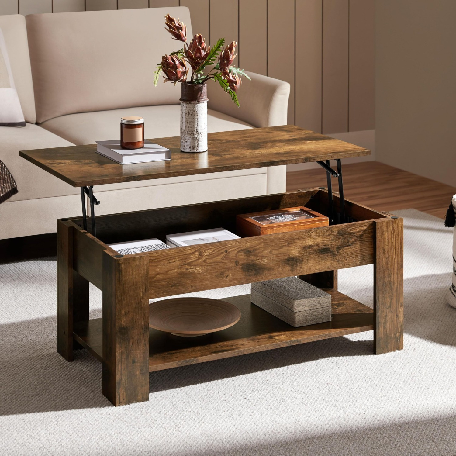 Coffee Table With Height-adjustable Top, Living Room Table Rectangular With Open And Hidden Storage Space, Pull-out Living Room Table, Sofa Table For Living Room, Office, /black/grey/white