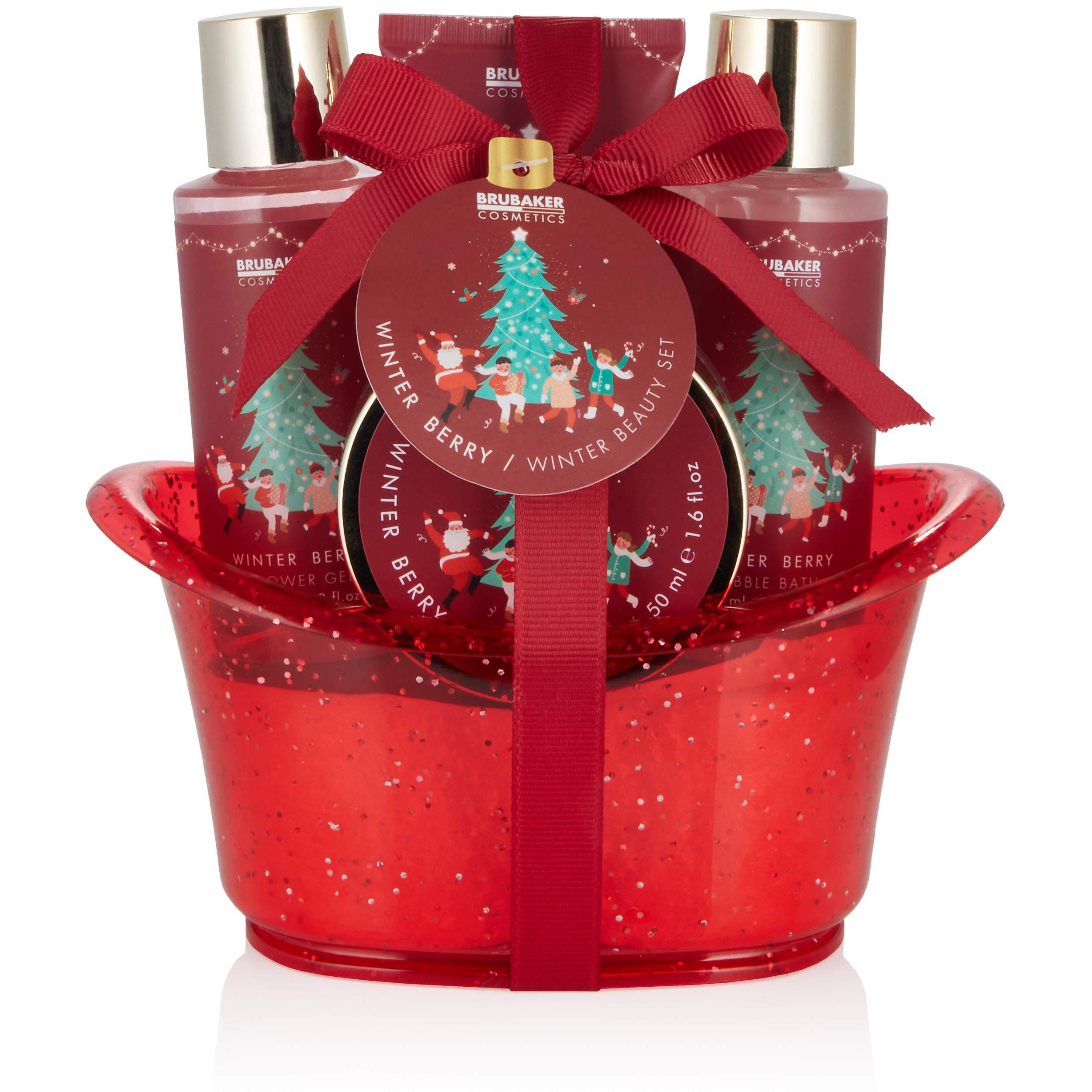 Image of Brubaker Cosmetics Bath And Shower Gift Set Winter Berries Scent - 5-piece Care Set In Decorative Tub For Christmas - Christmas Set For Women And Men