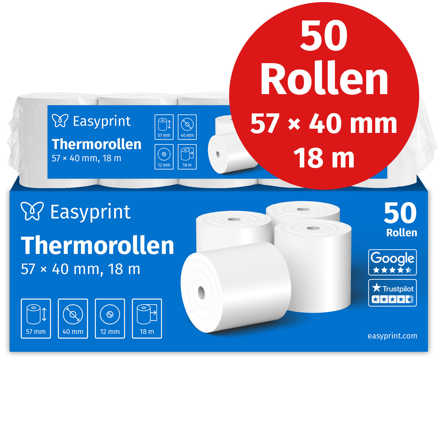 New: Easyprint Thermal Rolls / Rolls, 50 Rolls, 57mm X 40mm X 12mm, 18m, Test Winner, Pefc Certified, , Ibm, Etc.