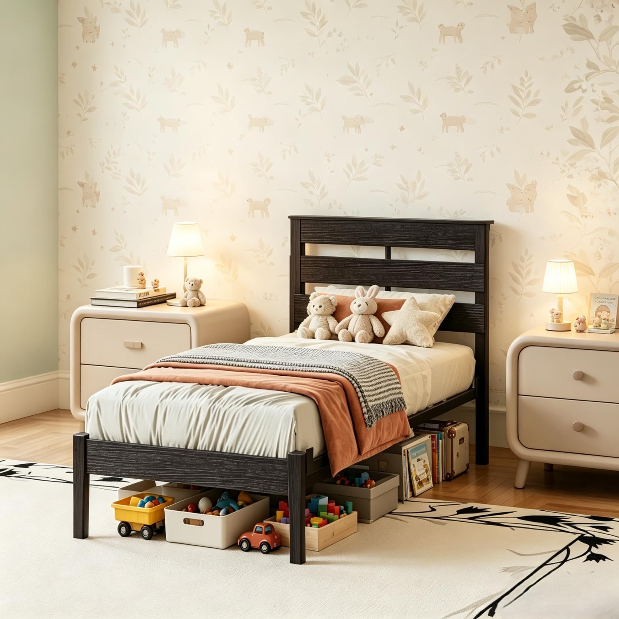 Image of Wood And Metal Bed Frame 90x200cm With Headboard And 3 Shelves, Perfect Bed, Metal Bed Frame With Slatted Base (90x200cm - Black)