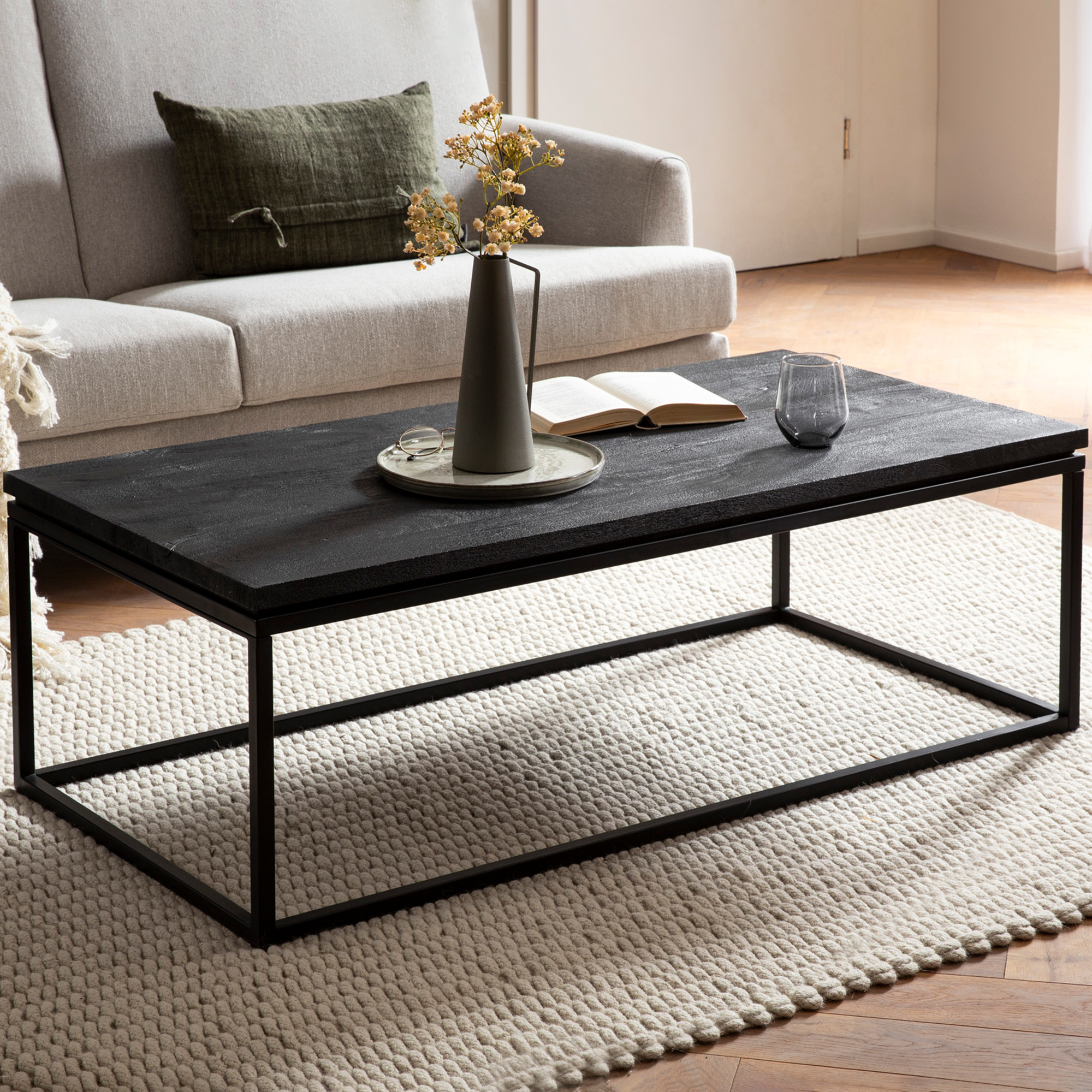 Image of Solid Mango Wood Coffee Table / Metal Black Sofa Table, Modern Living Room Design With Natural Wood Grain, Coffee Table For Living Room