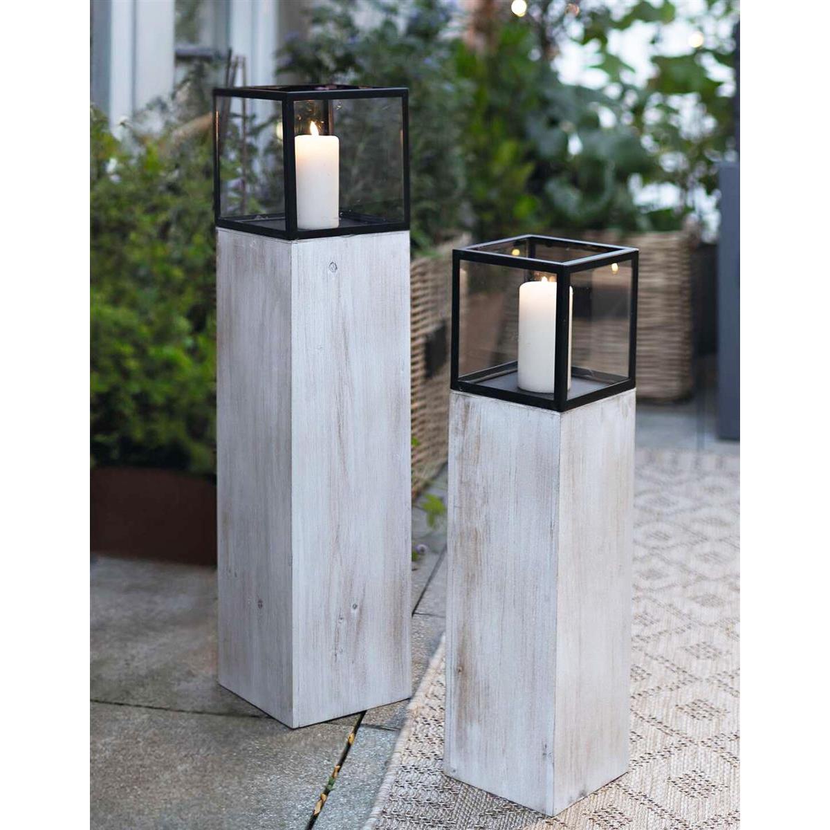 E-shop 2x Windlichtsäule "Modern Shabby" aus Holz, Metall & Glas, 60 + 78 cm hoch, Kerzenhalter, Kerzenständer, Dekosäule für Wohnzimmer, Holzsäule mit