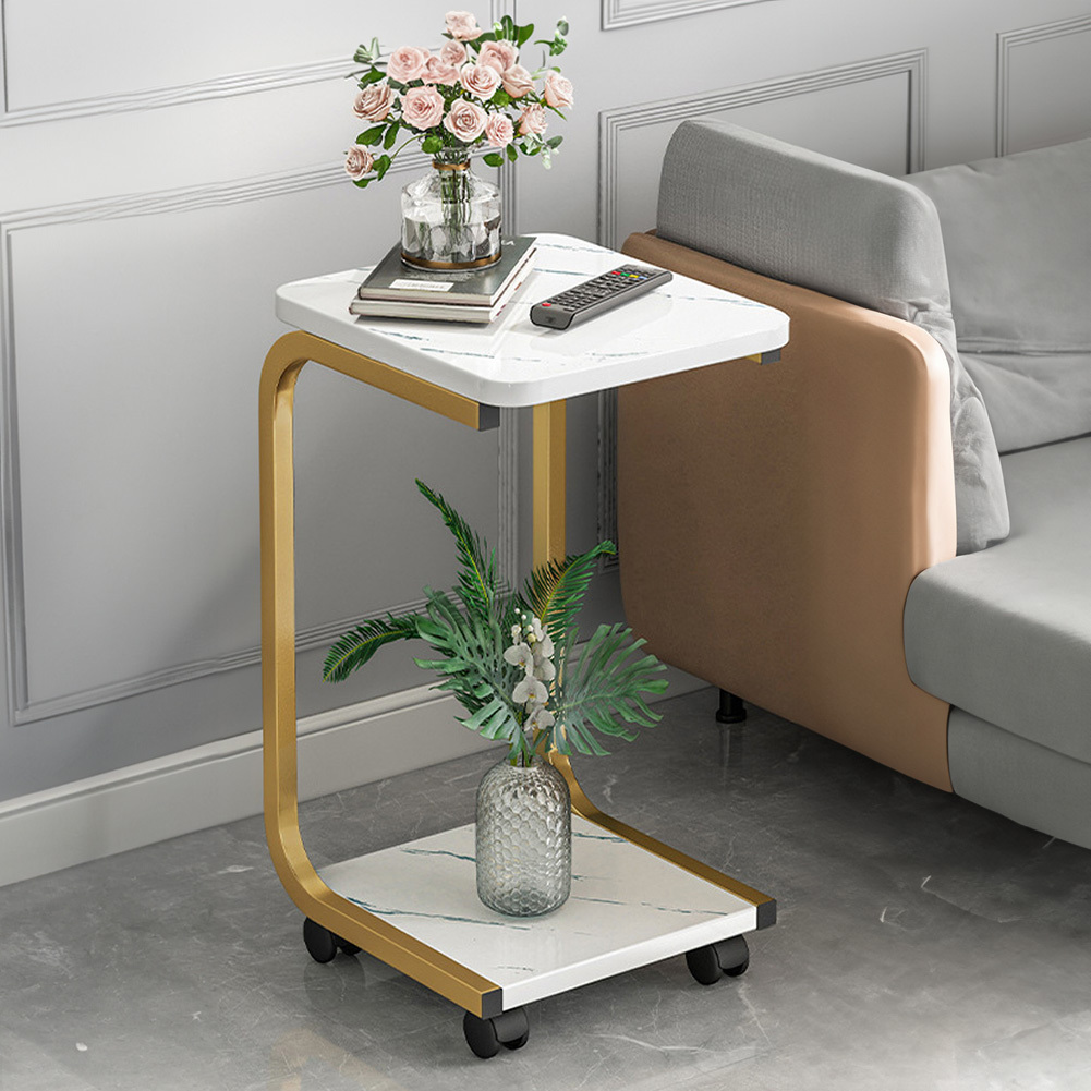 TEMU 2-tier Rolling Side Table With White Marbling Top & Gold Frame, Mobile End Table With Lockable Wheels, Ideal For Sofa & Bed, Perfect For Living