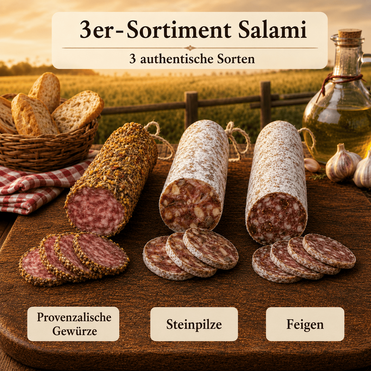Image of 3-piece Salami Assortment - Flavors: Provençal Spices, Porcini Mushrooms, And Figs ◈ 100% French Salami ◈ Natural Casings And Hand-tied ◈ Artisanal Craftsmanship By Chillet House Since 1902