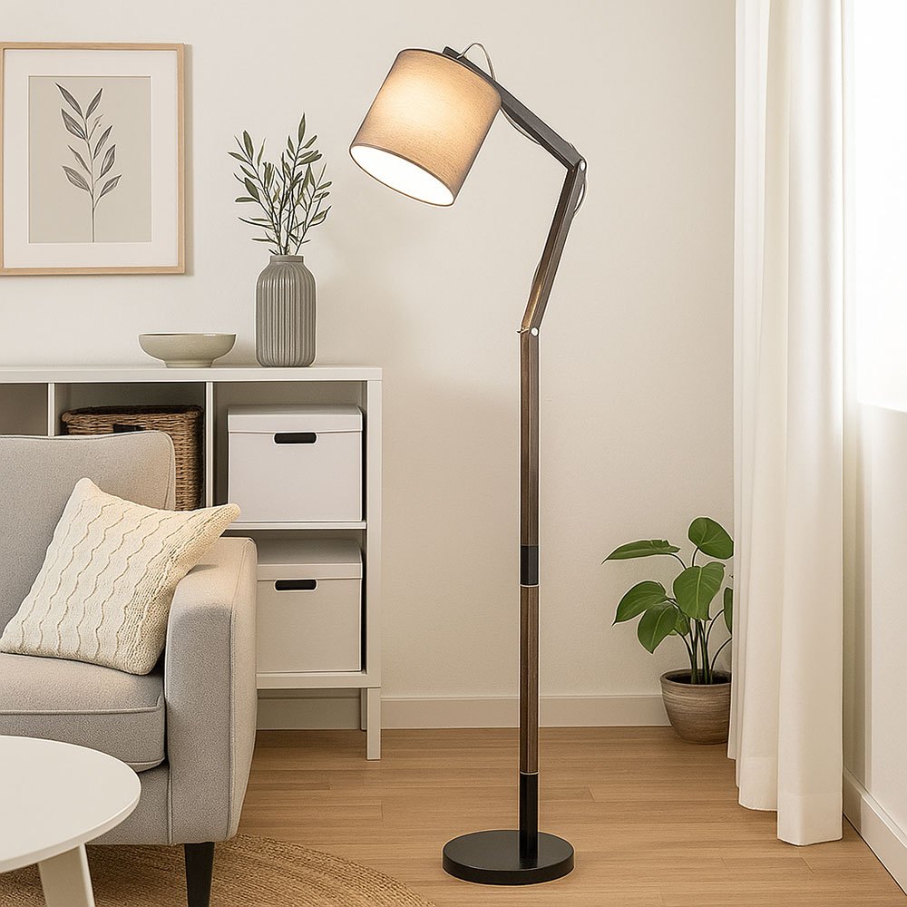 Image of Wooden Floor Lamp Textile Joint Lamp Standing Wooden Lamp Swivel, , 1x E27, Lxbxh 75 X 25 X 172 Cm