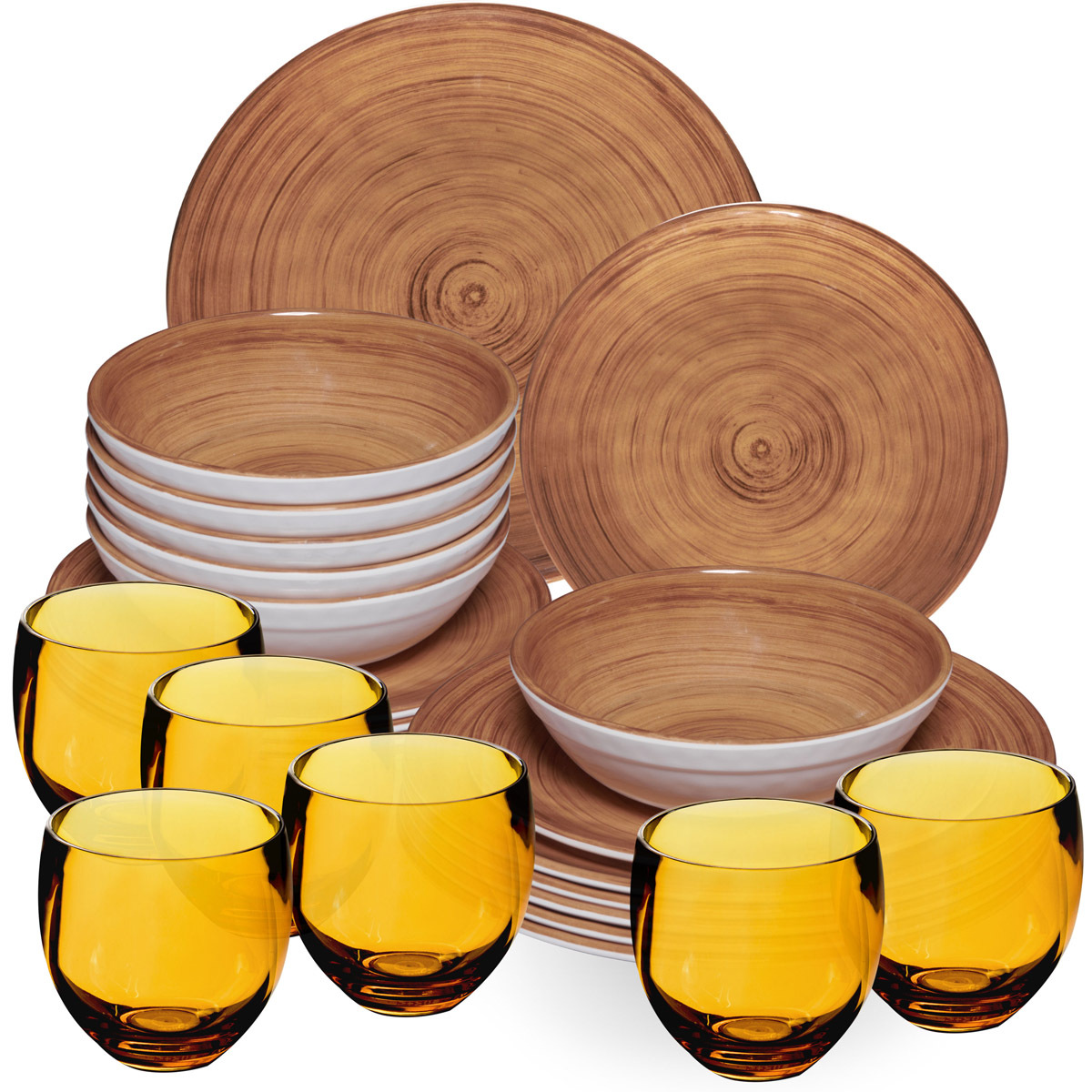 Melamine Dish Set Brown For 6 People - 24pcs With Color-matching 400 Ml Acrylic Tumblers Optics, Dishwasher-safe, Camping Dish Set, Camping Festival Accessories