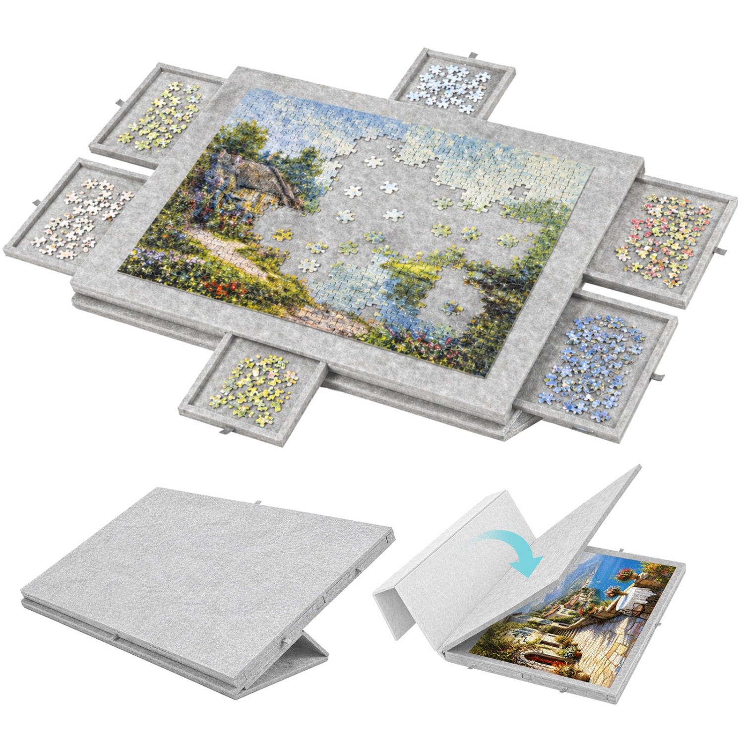 Image of Puzzle Mat With 6 Drawers, Felt Puzzle Storage Board With Protective Cover, Organizer For Sorting And Storing Up To 1000 Pieces