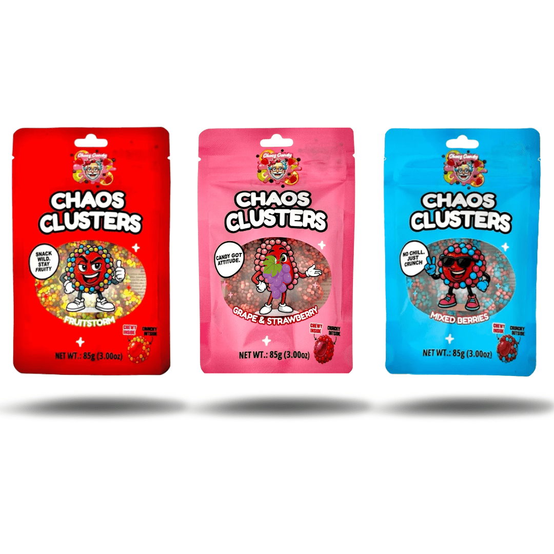 3x Chaos Clusters Gummies – American Candy | Fruitstorm, Grape & Strawberry, Mixed Berries | 3x 85g