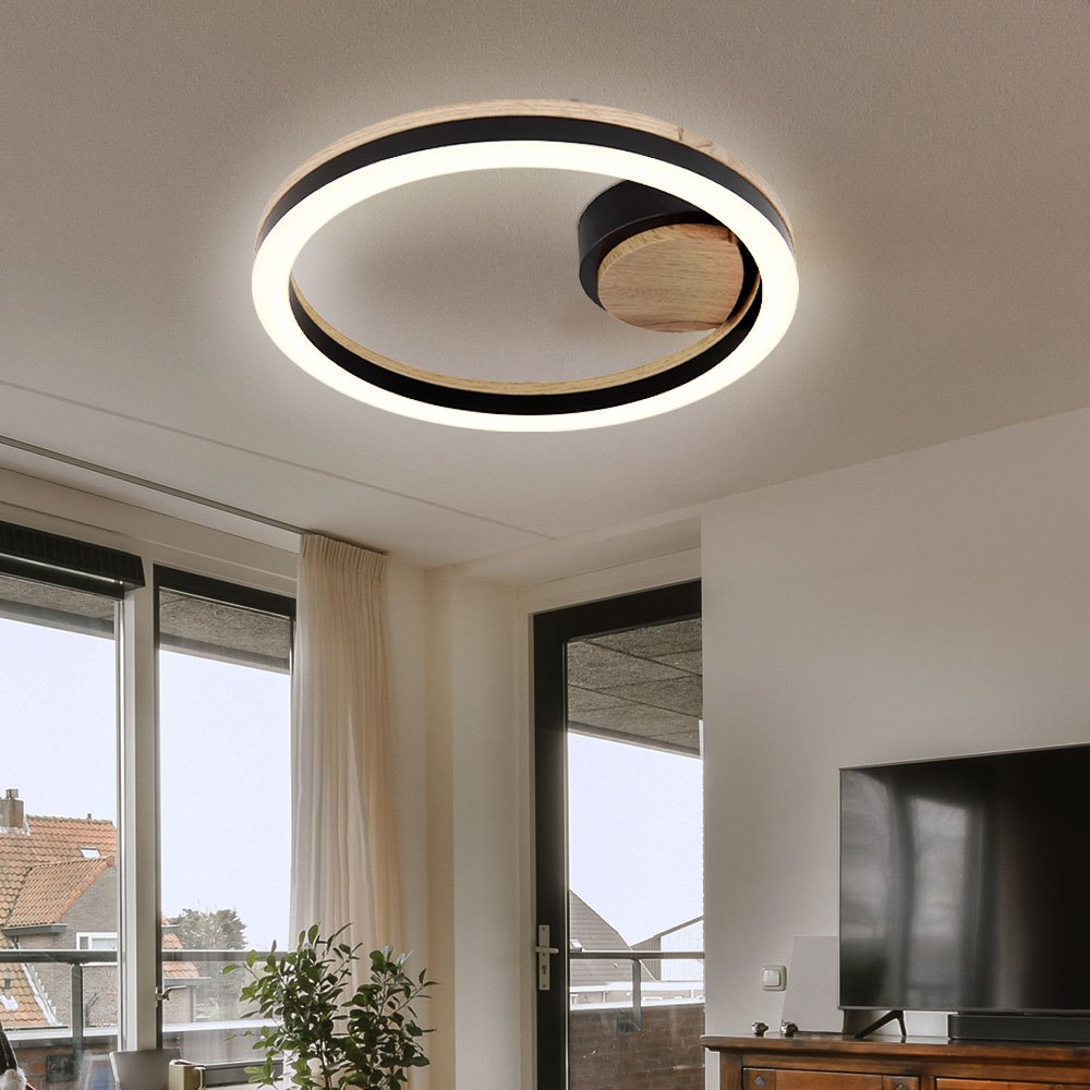 Image of Ceiling Light Room Lamp Hallway Light, Black Metal Wood Look Mdf Plastic Opal, 12w 3000k Warm White, D 30 Cm