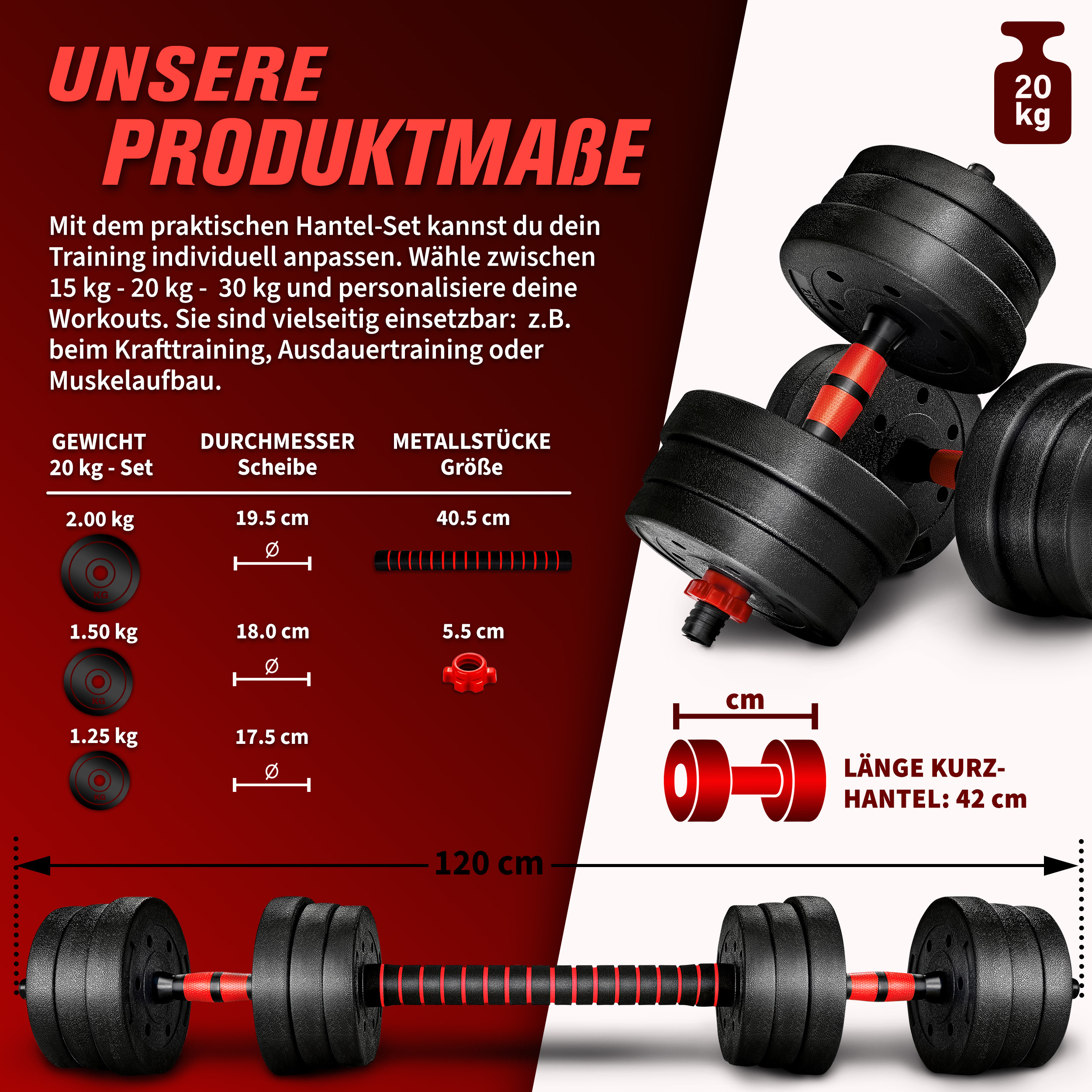 RE:SPORT 2-in-1 Dumbbell Set 20 kg | Verstelbare Dumbbell Set | Korte Dumbbell & Lange Dumbbell | Sterluchtingen & Verbindingsbuis