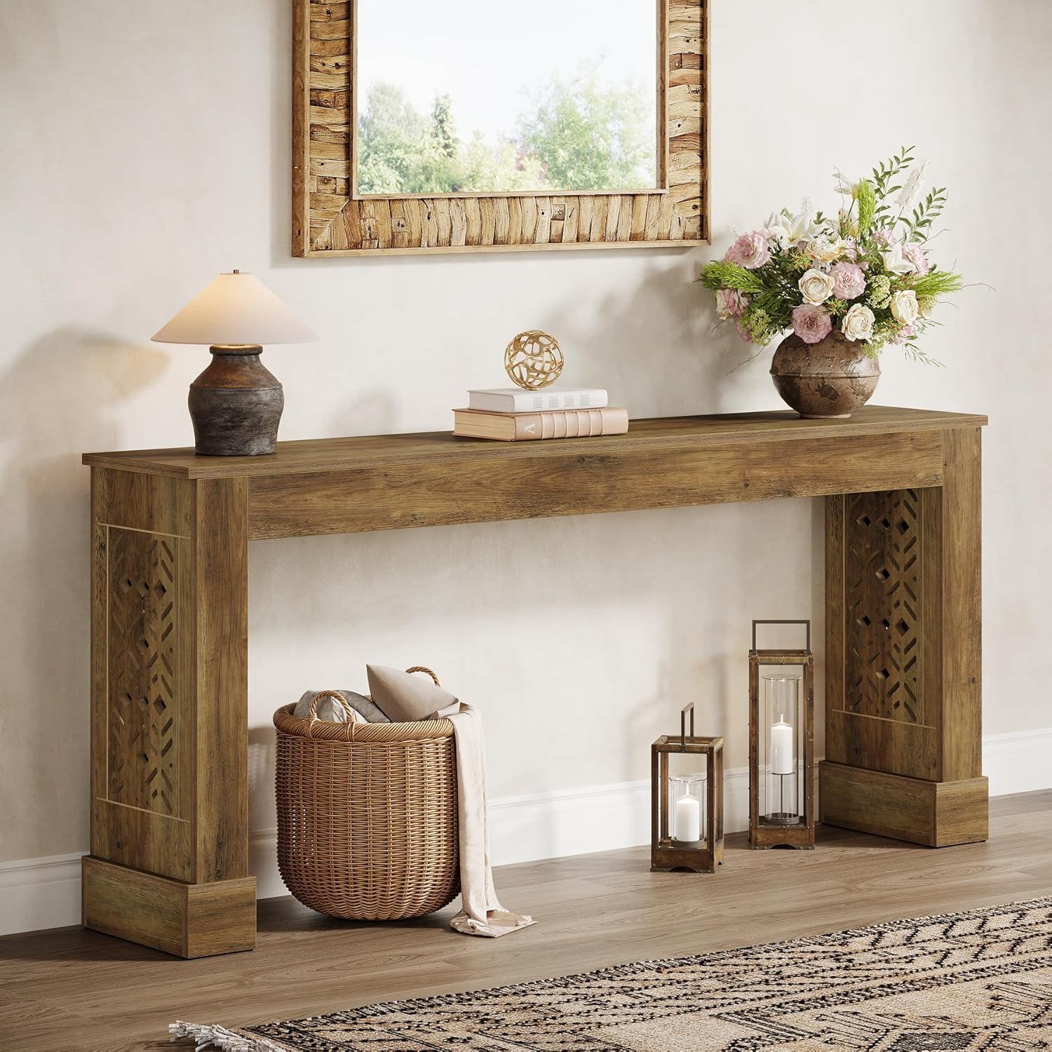 Image of 160 Cm Farmhouse Console Table For Entrance Area, Industrial Wood Sofa Table Behind Couch With Retro Hollow Pattern Legs For Living Room, Hallway, Foyer, Rustic Brown