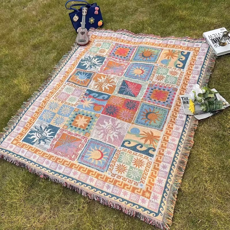 TEMU 1pc Portable Thickened Outdoor Picnic Blanket, Camping Blanket, Sun Plaid Pattern Design, Machine Washable Sofa Blanket, Bed Blanket, Beach