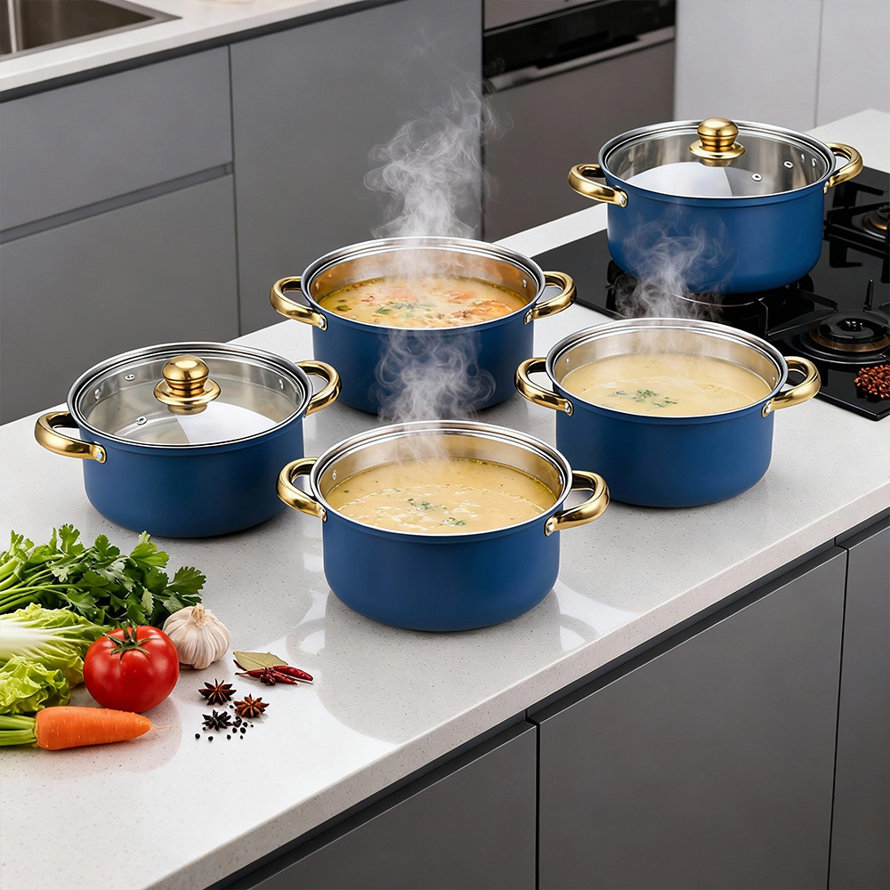 TEMU 10pcs Stainless Steel Cooking Pot Set, Soup And Milk Pots With Gold-plated Handles, Durable Kitchen Cookware For Home Use, Blue