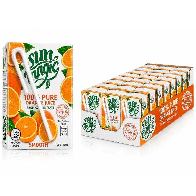 TEMU Sun Magic 100% Pure Orange Juice, Pack Of 24 X 200ml - Convenient Single-serve Cartons, Rich In Vitamin C