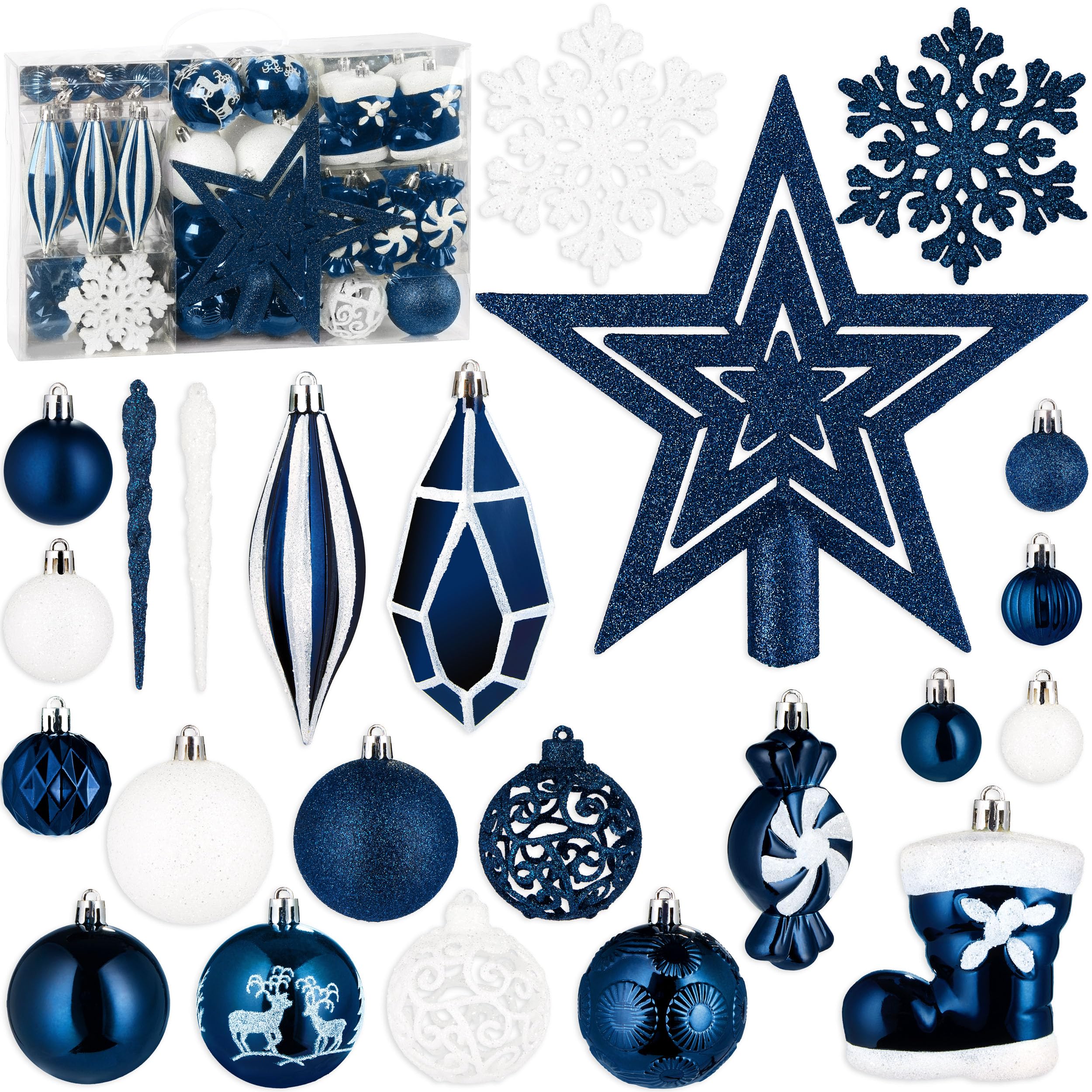 Image of Brubaker 128pcs Premium Christmas Tree Decorations - Xxl Christmas Ball Set With Glitter Balls, Icicles, Diamond Pendants, Candy, Boot, And Star - Tree Decorations