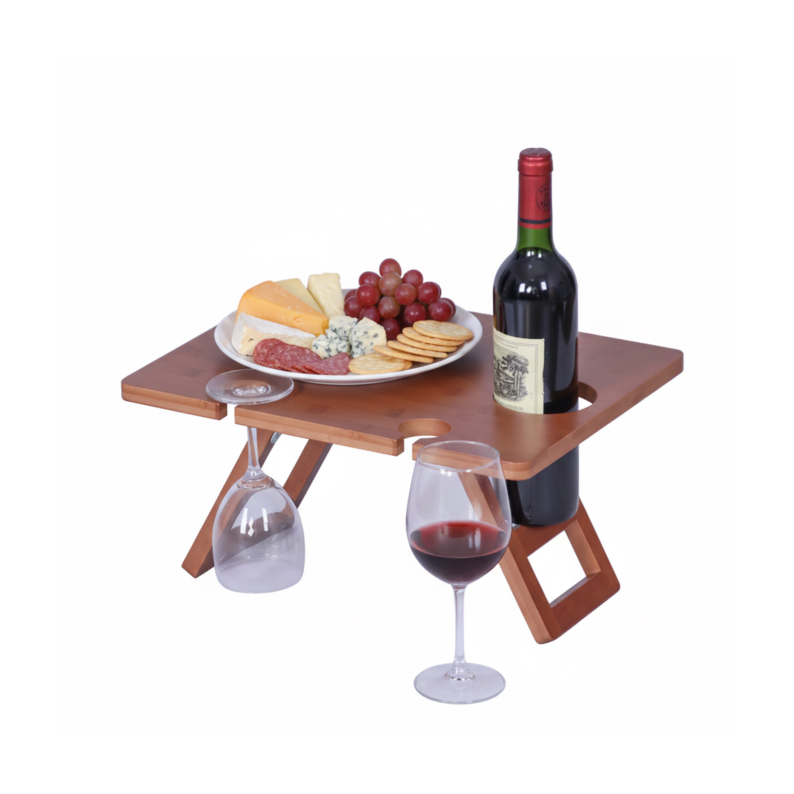 Image of Folding Wine Table, Bamboo, X 30 Cm, Brown, Holders For 4 Wine Glasses And 1 Bottle, Load Capacity 5 Kg, For Garden, Beach, Camping, Bed And Couch, Wine Tray, Serving Tray, Glass Holder, Relaxdays.
