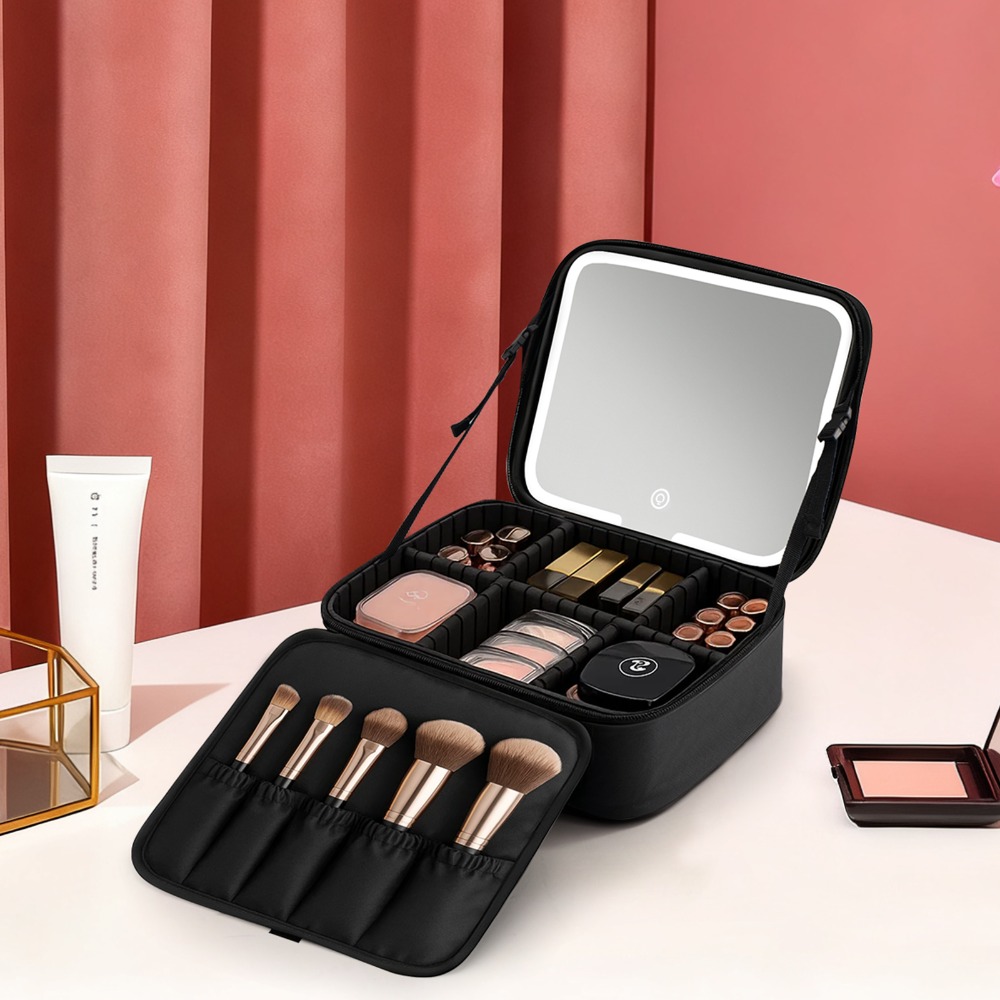 Cosmetic Bag With Mirror 2-in-1, Large Travel Makeup Bag & Brush Organizer, Portable Beauty Storage Bag For