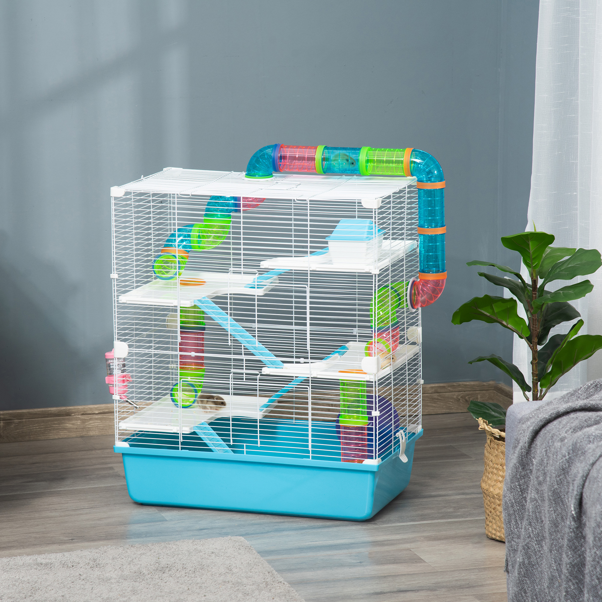 Image of Hamster Cage 5 Floors Rodent Cage Small Animal Cage Made Of Steel Wire With Running Wheel, Ramp, Drinking Bottle, Food Dish, Mouse Cage For Hamsters, Racing Mouse 59 X 36 Cm, Light Blue And White.