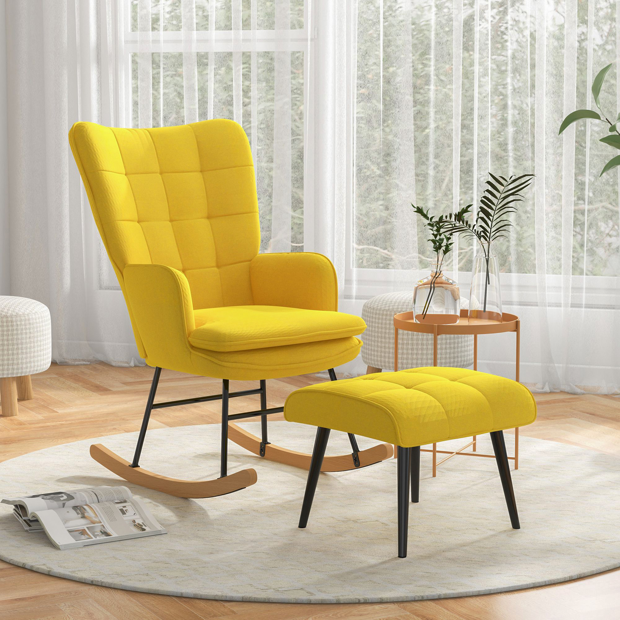 Rocking Chair Swing Chair With Stool, Armchair, Still Chair With Linen Look, Rocking Chair Up To 131 Kg Load Capacity For Bedroom, Living Room