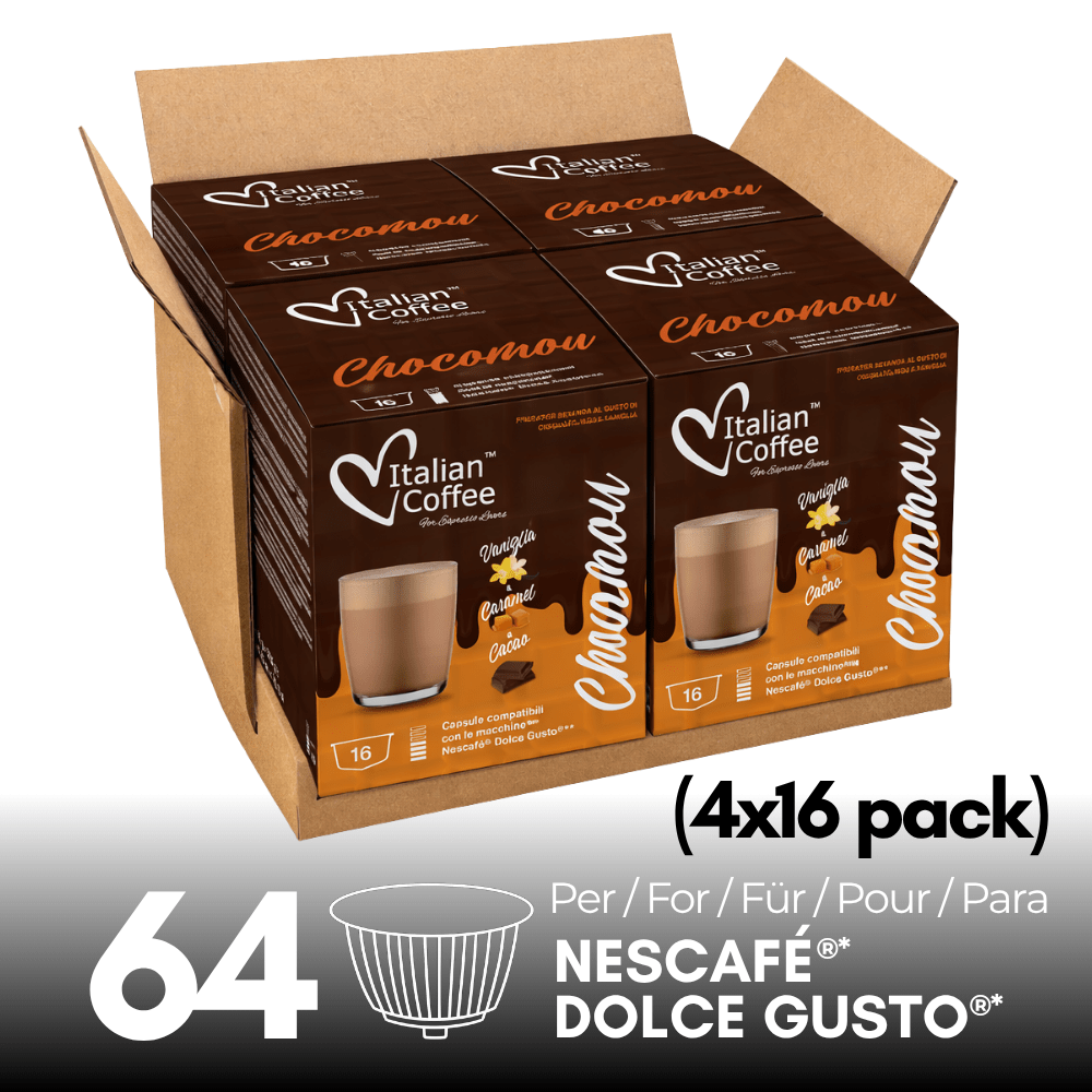 CHOCOMOU (64 kapsul) za Nescafé Dolce Gusto, 4 paketi po 16 kapsul, kremni čokoladni in mlečni napitek, sladek in prepletljiv okus, idealen za