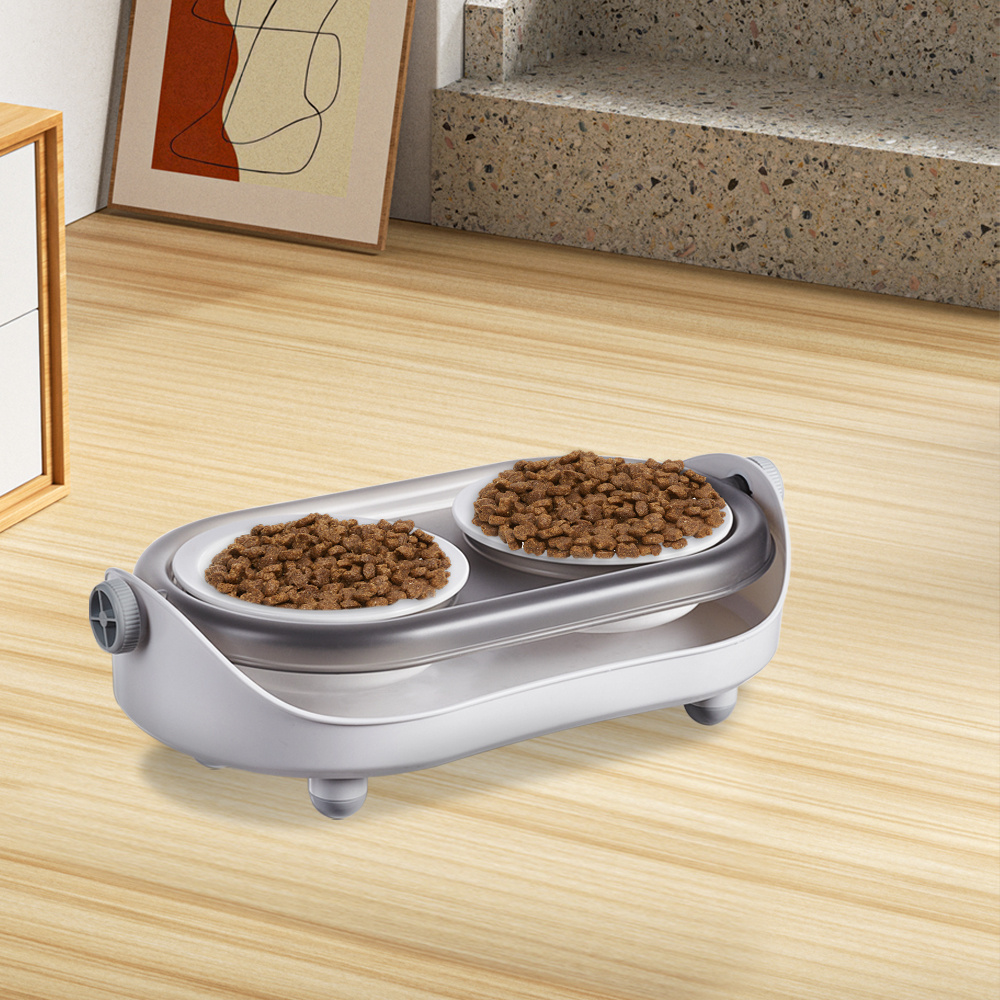 Elevated Pet Feeding Set 41x16x11cm with Raised Edge Non-Slip Cat and Dog Bowls, Spill-Proof Design Catches Food and Water Mess, Tidy Feeding Solution for Home Use