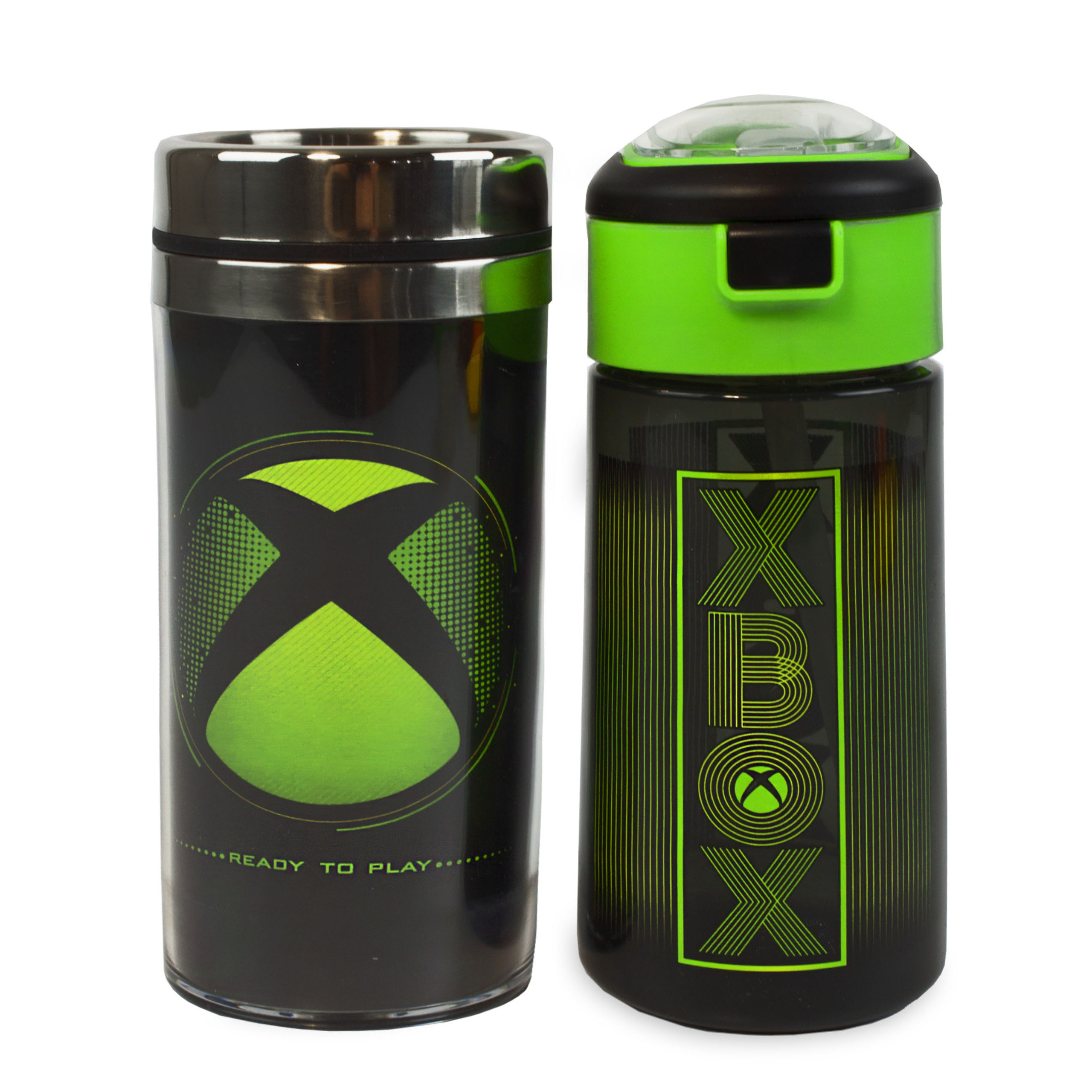 TEMU Xbox Water Bottle & Travel Mug Gift Set For Adults & Kids | Gaming Sports Drink 18oz & Stainless Steel 14oz | Black & Green Waterproof Drinking