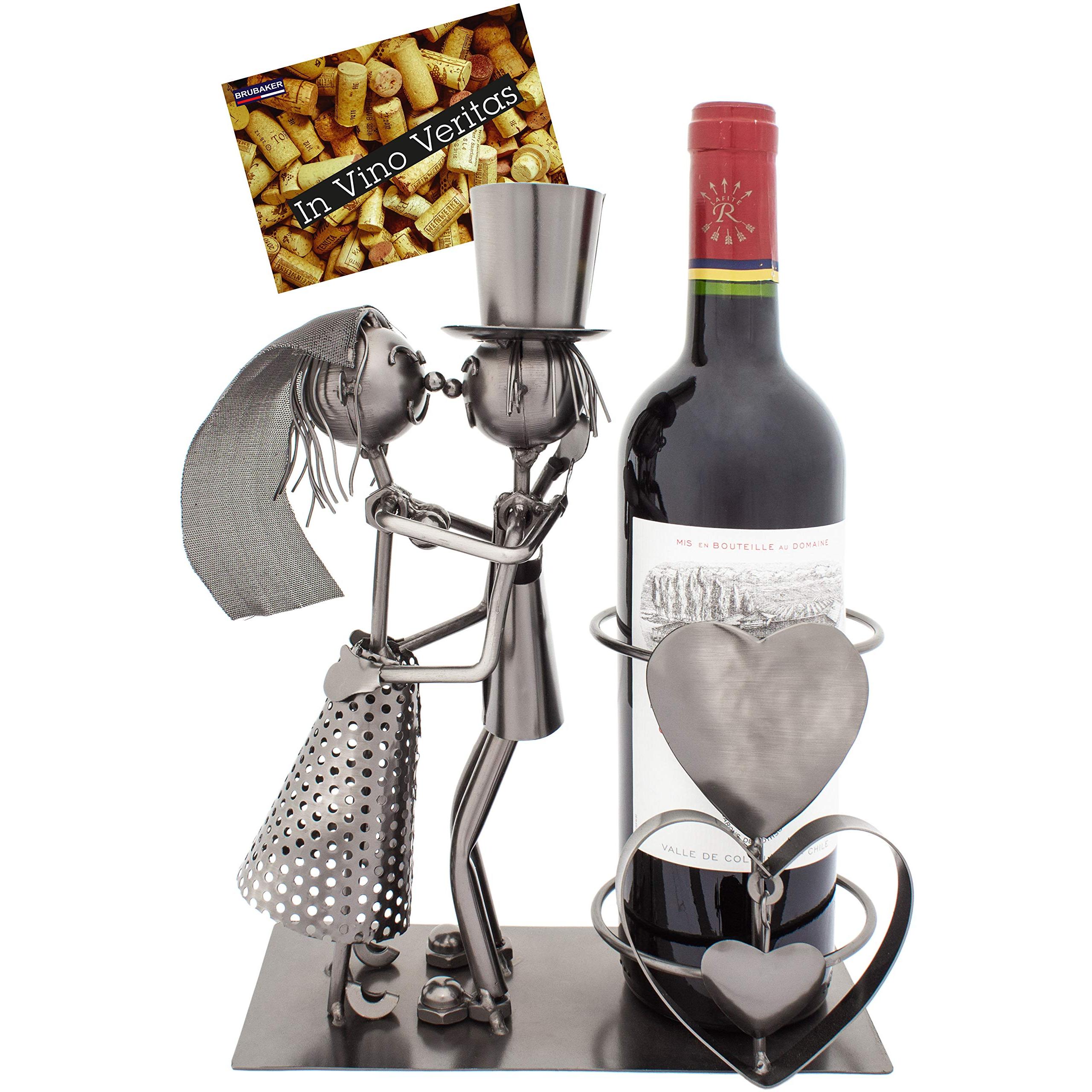 Image of Brubaker Wedding Couple Wine Bottle Holder - Metal Bottle Stand With Greeting Card For Wine Gift